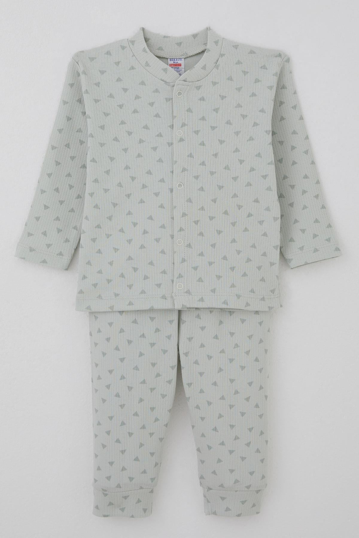 Breeze Erkek Bebek Pijama Takımı Mini Üçgenler Desenli Önden Çıtçıtlı Su Yeşili (4 Ay-1 Yaş)