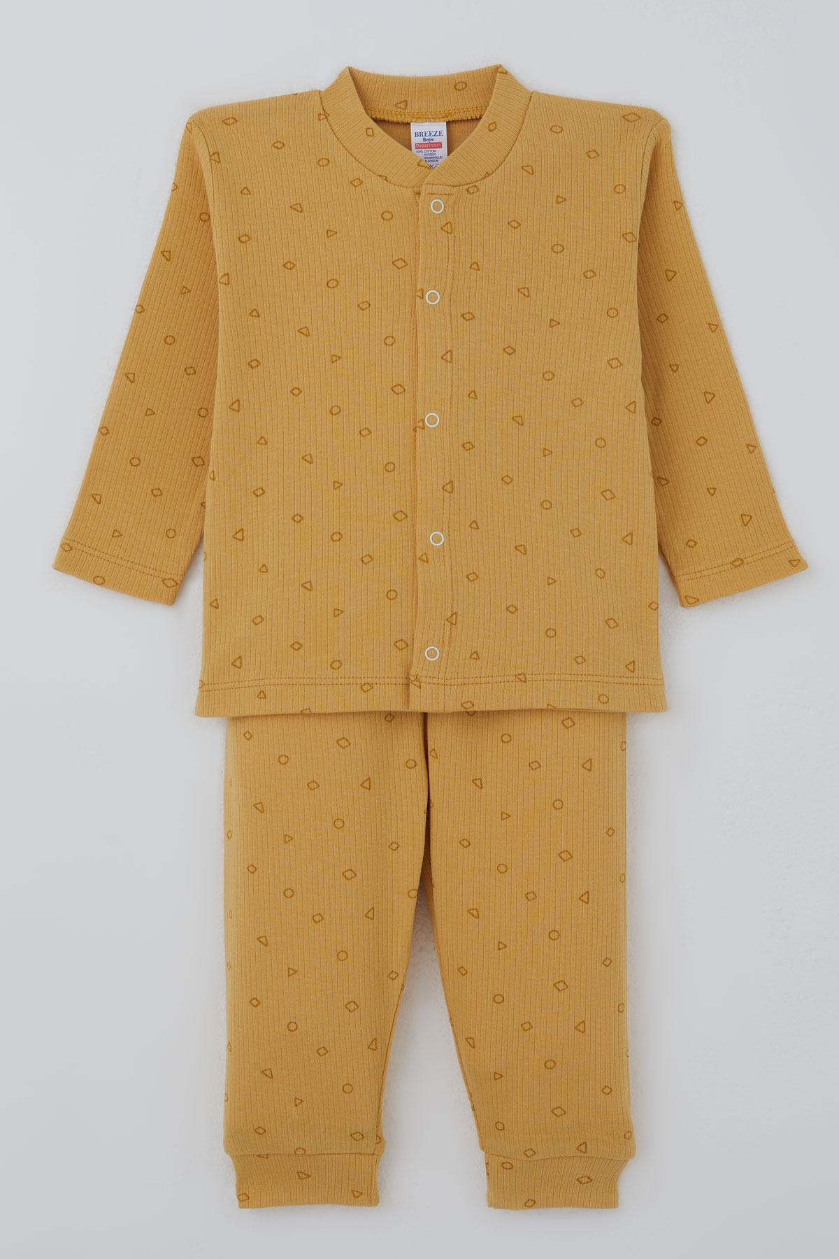 Breeze Erkek Bebek Pijama Takımı Mini Üçgenler Desenli Önden Çıtçıtlı Hardal Sarı (4 Ay-1 Yaş)