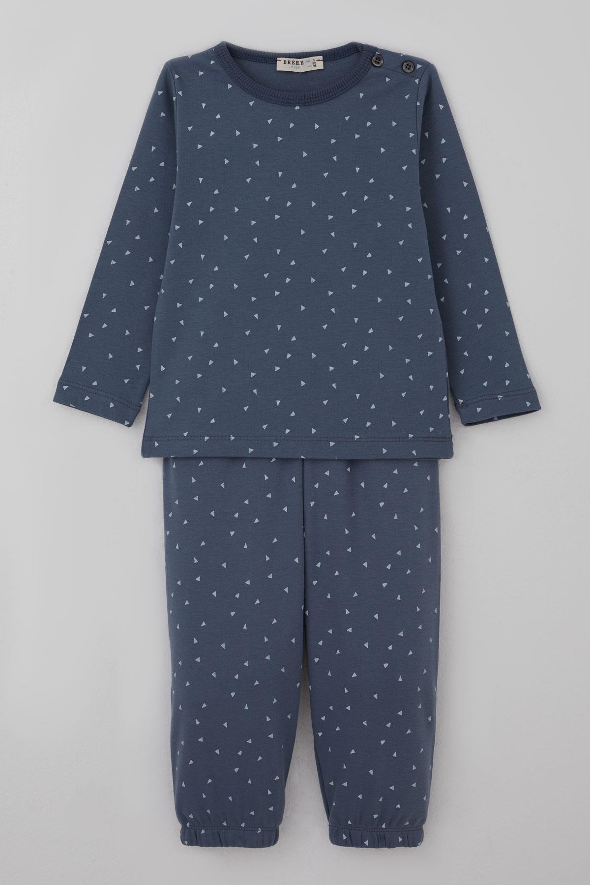 Breeze Erkek Bebek Pijama Takımı Minik Üçgenler Desenli Füme (9 Ay-3 Yaş)