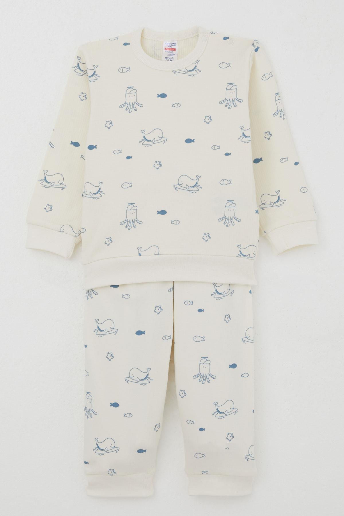 Breeze Erkek Bebek Pijama Takımı Omuzdan Patlı Sevimli Deniz Hayvanları Desenli Krem (4 Ay-1 Yaş)