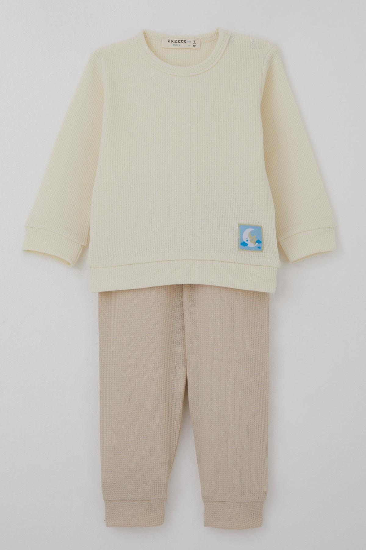 Breeze Erkek Bebek Pijama Takımı Omuzdan Patlı Sevimli Uykucu Yıldız Armalı Krem (4 Ay-1 Yaş)