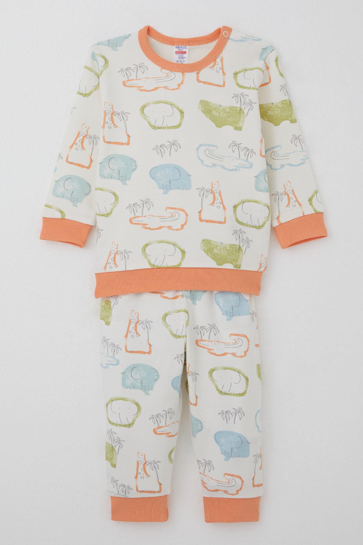 Breeze Erkek Bebek Pijama Takımı Omuzdan Patlı Safari Temalı Hayvancıklar Desenli Ekru (4 Ay-1 Yaş)