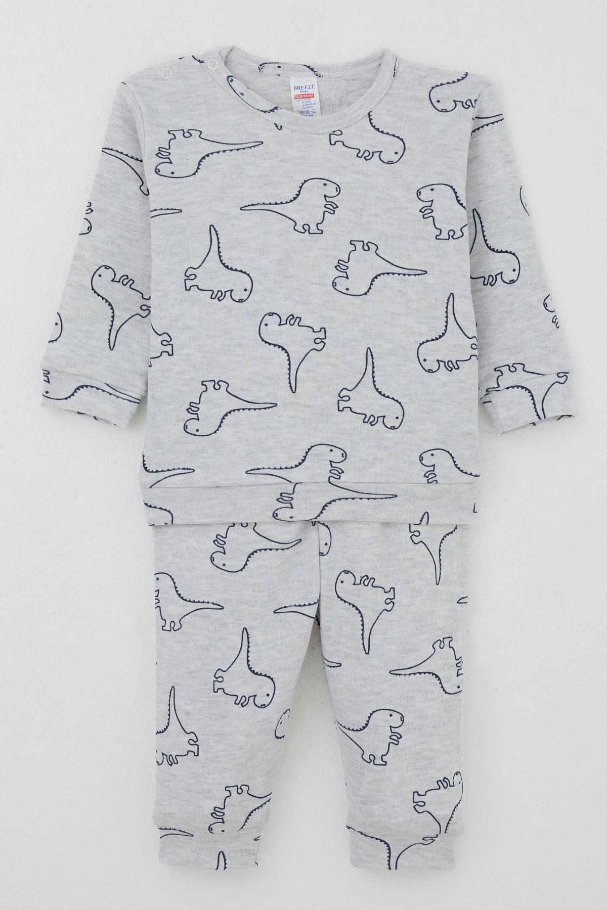 Breeze Erkek Bebek Pijama Takımı Omuzdan Patlı Sevimli Dinozor Desenli Açık Gri Melanj (4 Ay-1 Yaş)