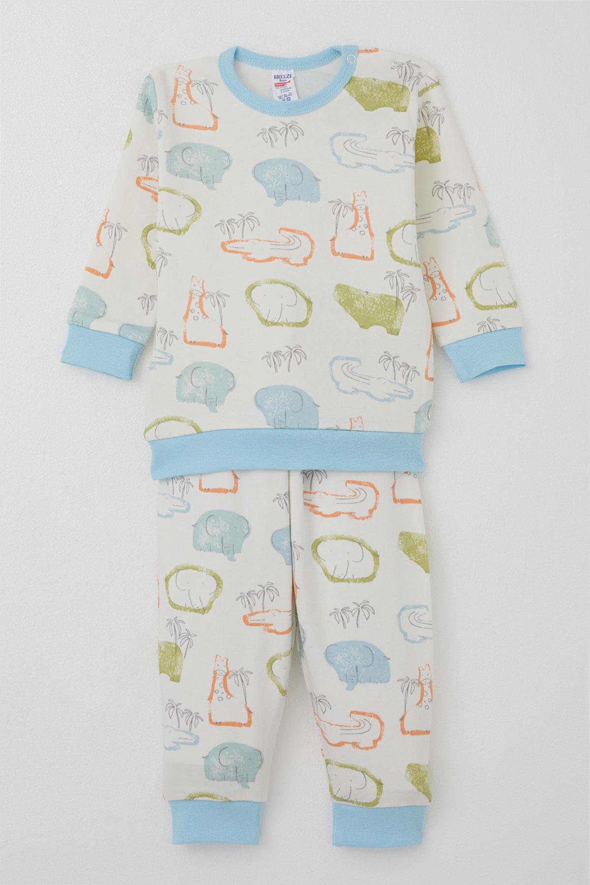 Breeze Erkek Bebek Pijama Takımı Omuzdan Patlı Safari Temalı Hayvancıklar Desenli Ekru (4 Ay-1 Yaş)