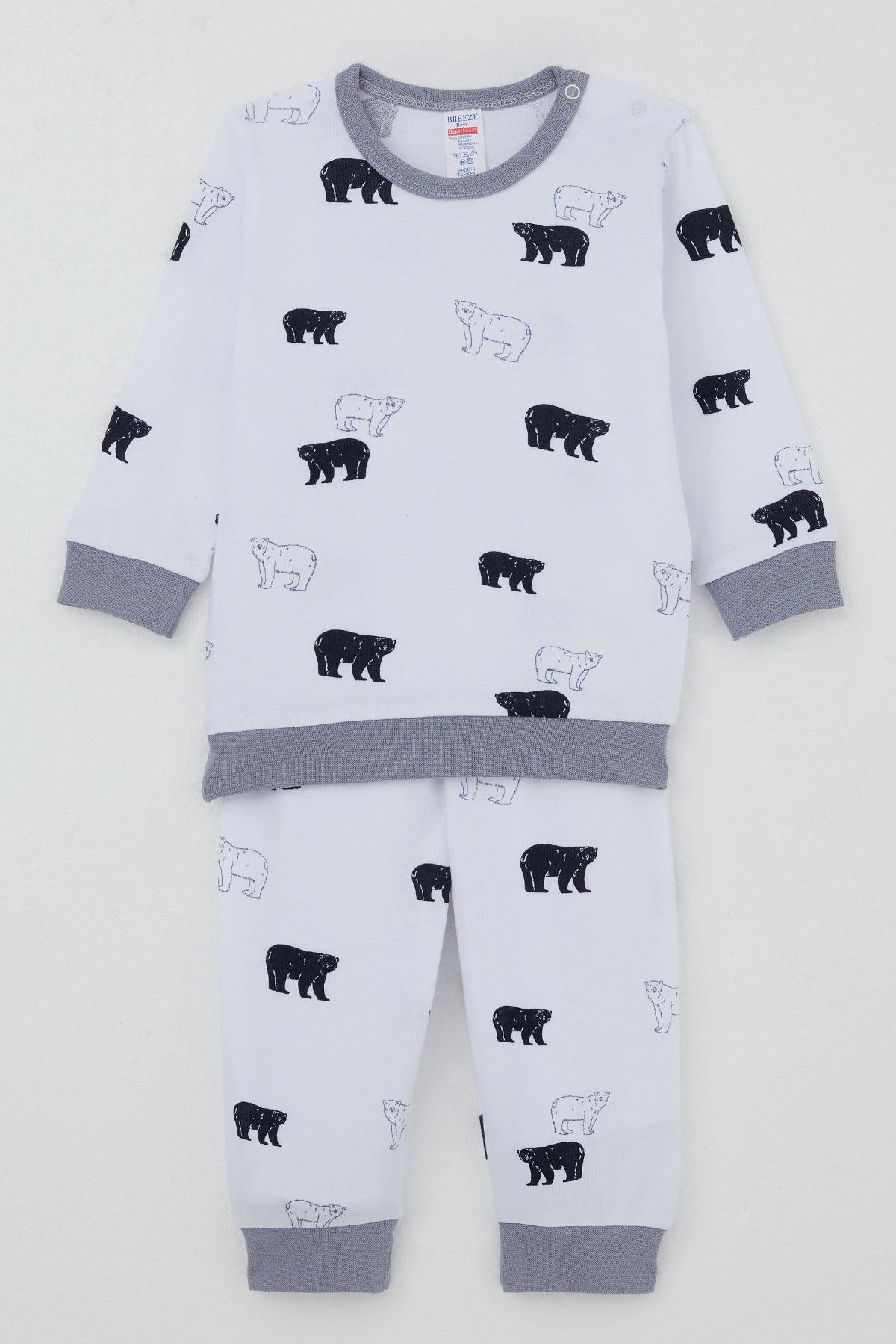 Breeze Erkek Bebek Pijama Takımı Omuzdan Patlı Sevimli Kutup Ayıcığı Desenli Beyaz (4 Ay-1 Yaş)