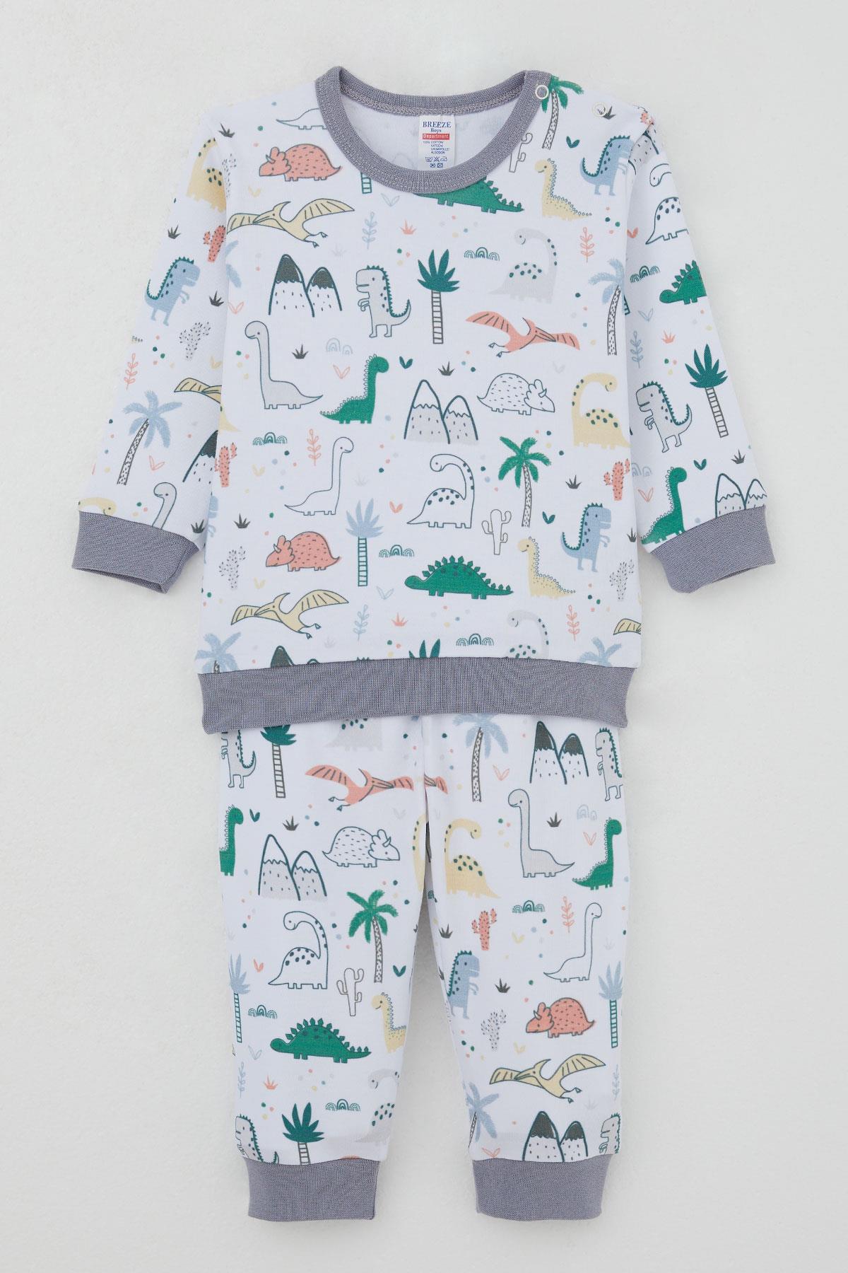 Breeze Erkek Bebek Pijama Takımı Omuzdan Patlı Sevimli Dinozorlar Desenli Beyaz (4 Ay-1 Yaş)