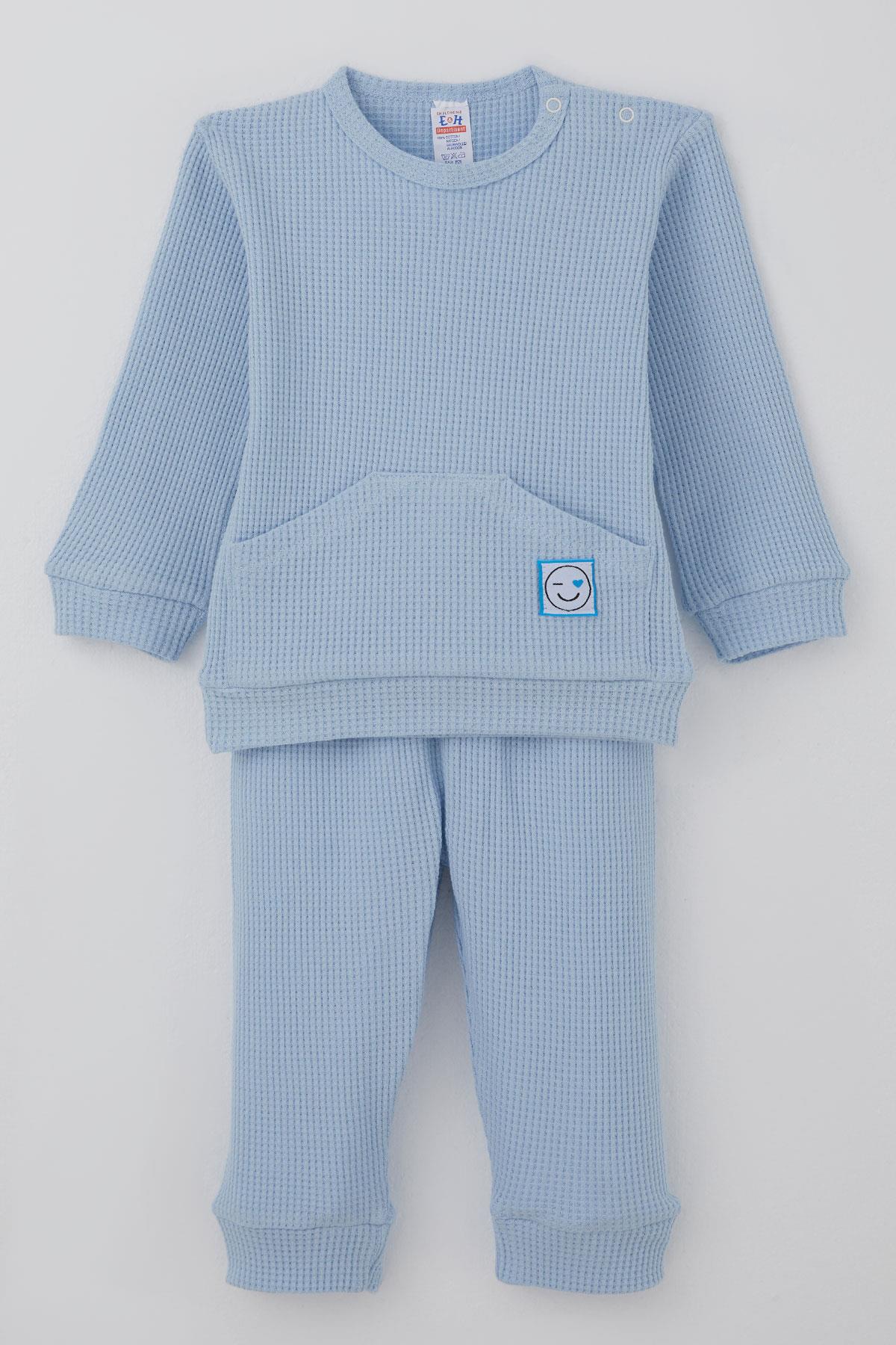 Breeze Erkek Bebek Pijama Takımı Omuzdan Patlı Kanguru Cepli Gülenyüz Armalı Açık Mavi (4 Ay-1 Yaş)