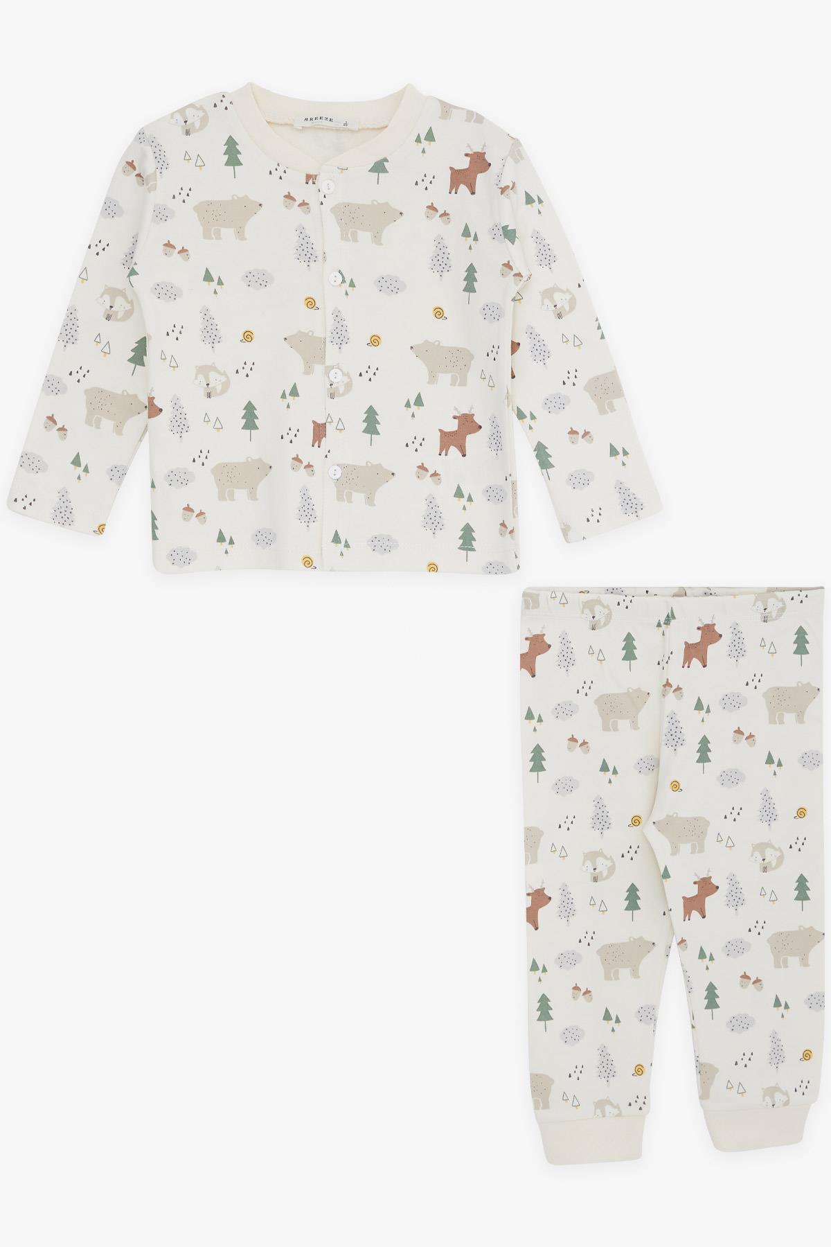 Breeze Erkek Bebek Pijama Takımı Orman Temalı Hayvancık Desenli Krem (4 Ay-1 Yaş)