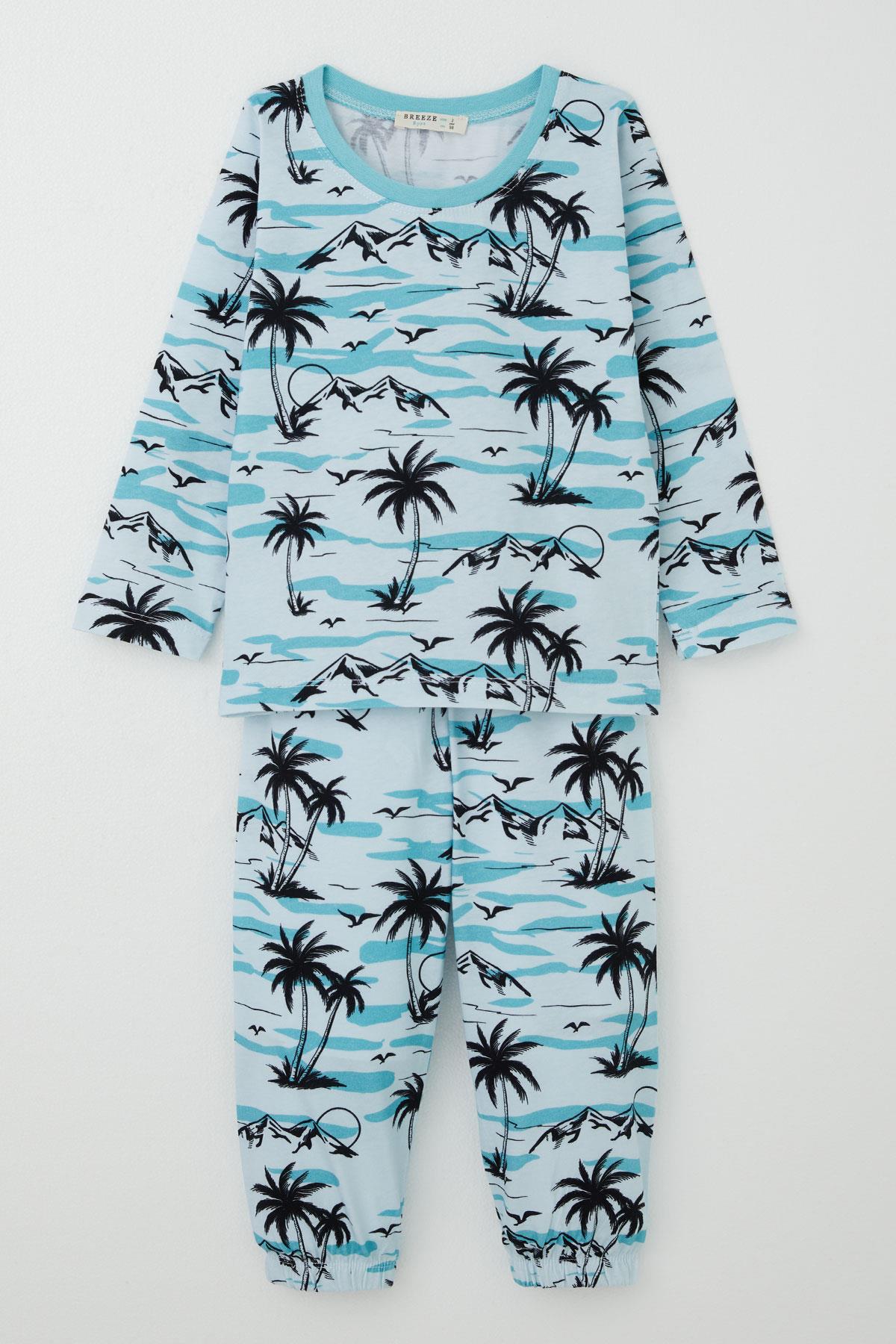 Breeze Erkek Bebek Pijama Takımı Palmiye Ağacı Desenli Açık Mavi (9 Ay-3 Yaş)