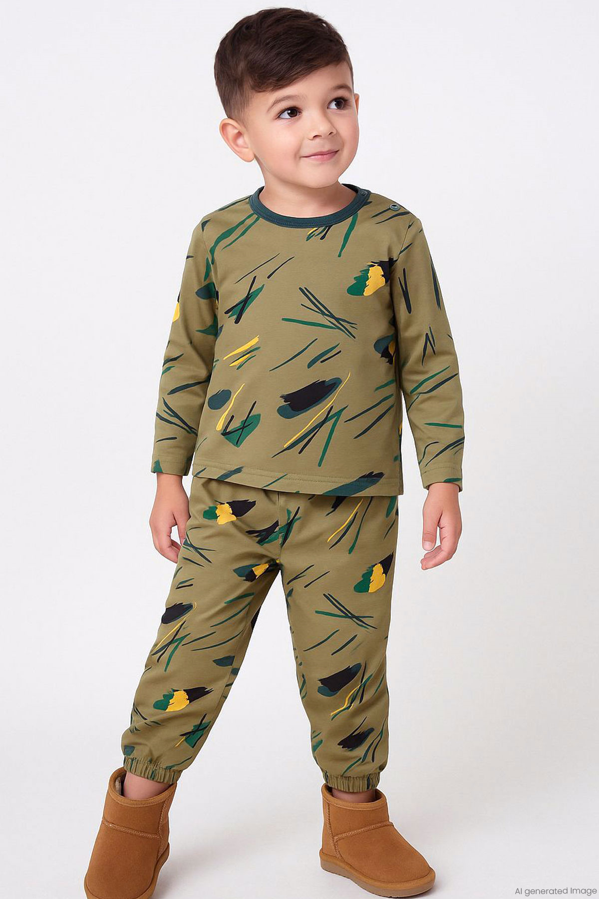 Breeze Erkek Bebek Pijama Takımı Renkli Fırça Vuruşu Haki Yeşil (9 Ay-2 Yaş)