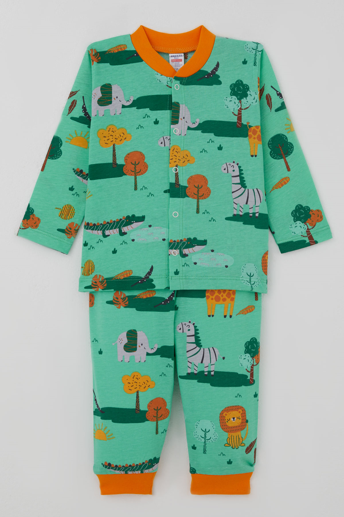 Breeze Erkek Bebek Pijama Takımı Safari Temalı Sevimli Hayvancıklar Desenli Önden Çıtçıtlı Yeşil (4 Ay-1 Yaş)