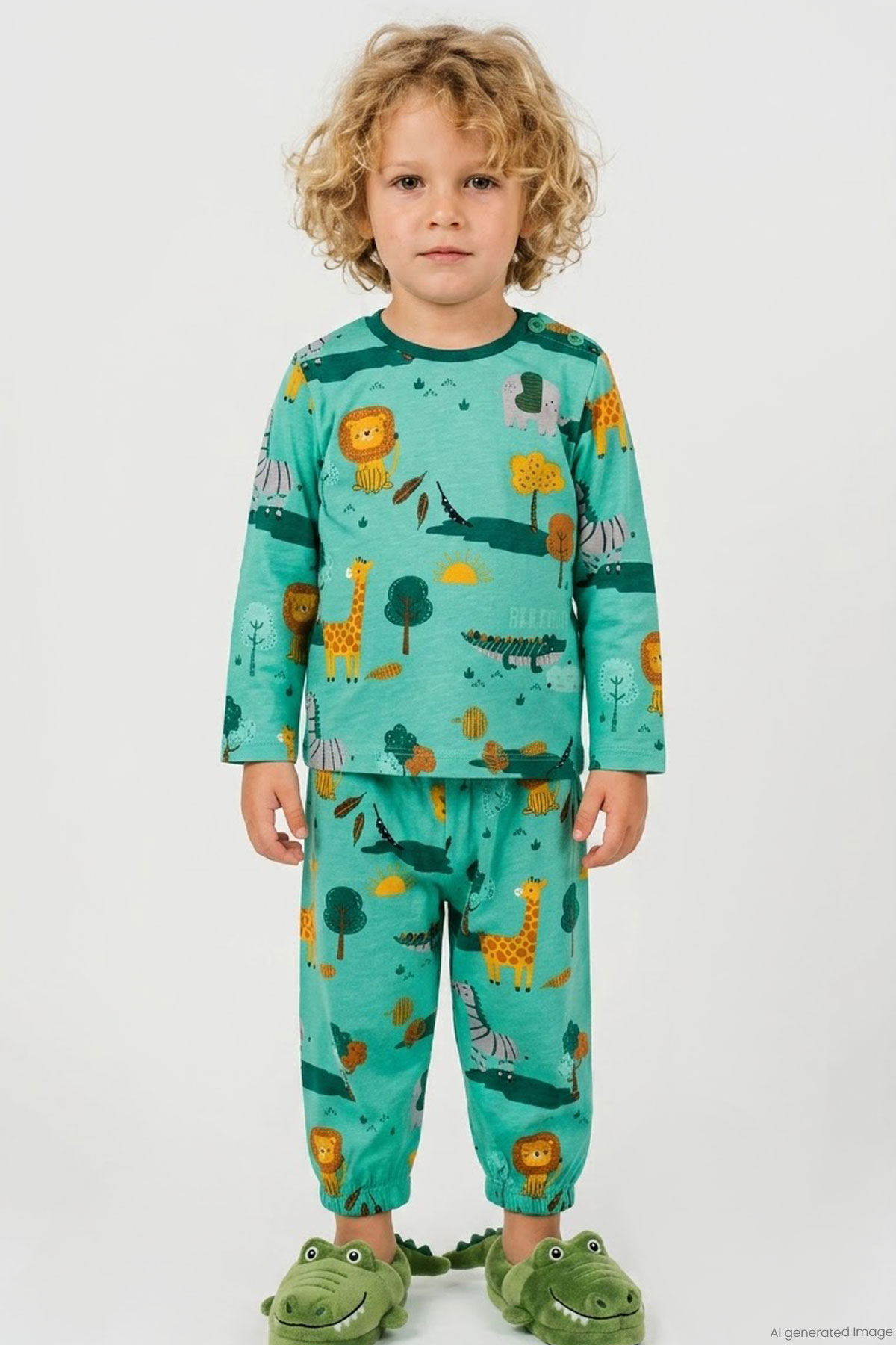 Breeze Erkek Bebek Pijama Takımı Safari Temalı Sevimli Hayvancıklar Desenli Yeşil (9 Ay-3 Yaş)