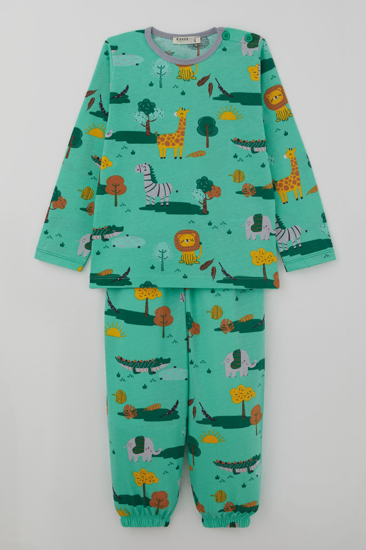 Breeze Erkek Bebek Pijama Takımı Safari Temalı Sevimli Hayvancıklar Desenli Yeşil (9 Ay-3 Yaş)