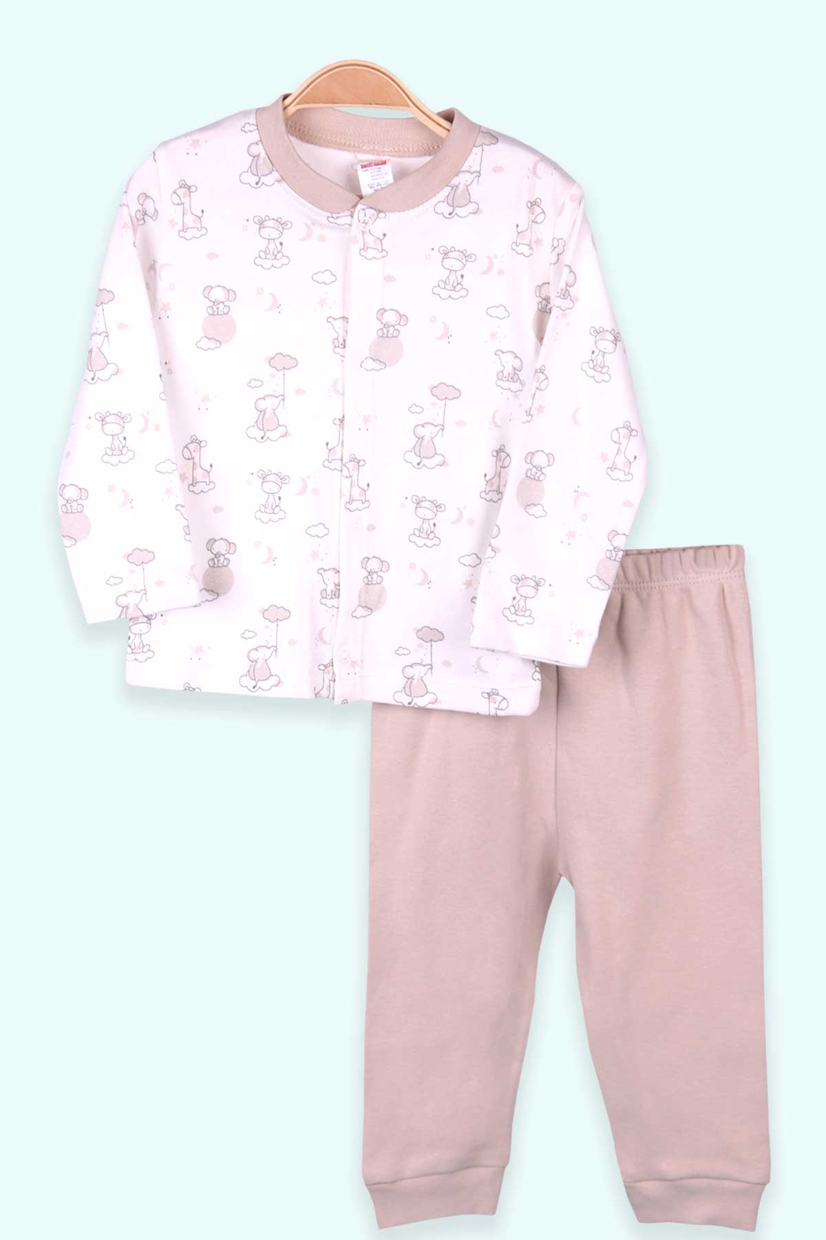 Breeze Erkek Bebek Pijama Takımı Sevimli Hayvan Desenli Ekru (0-3 Ay-9 Ay)