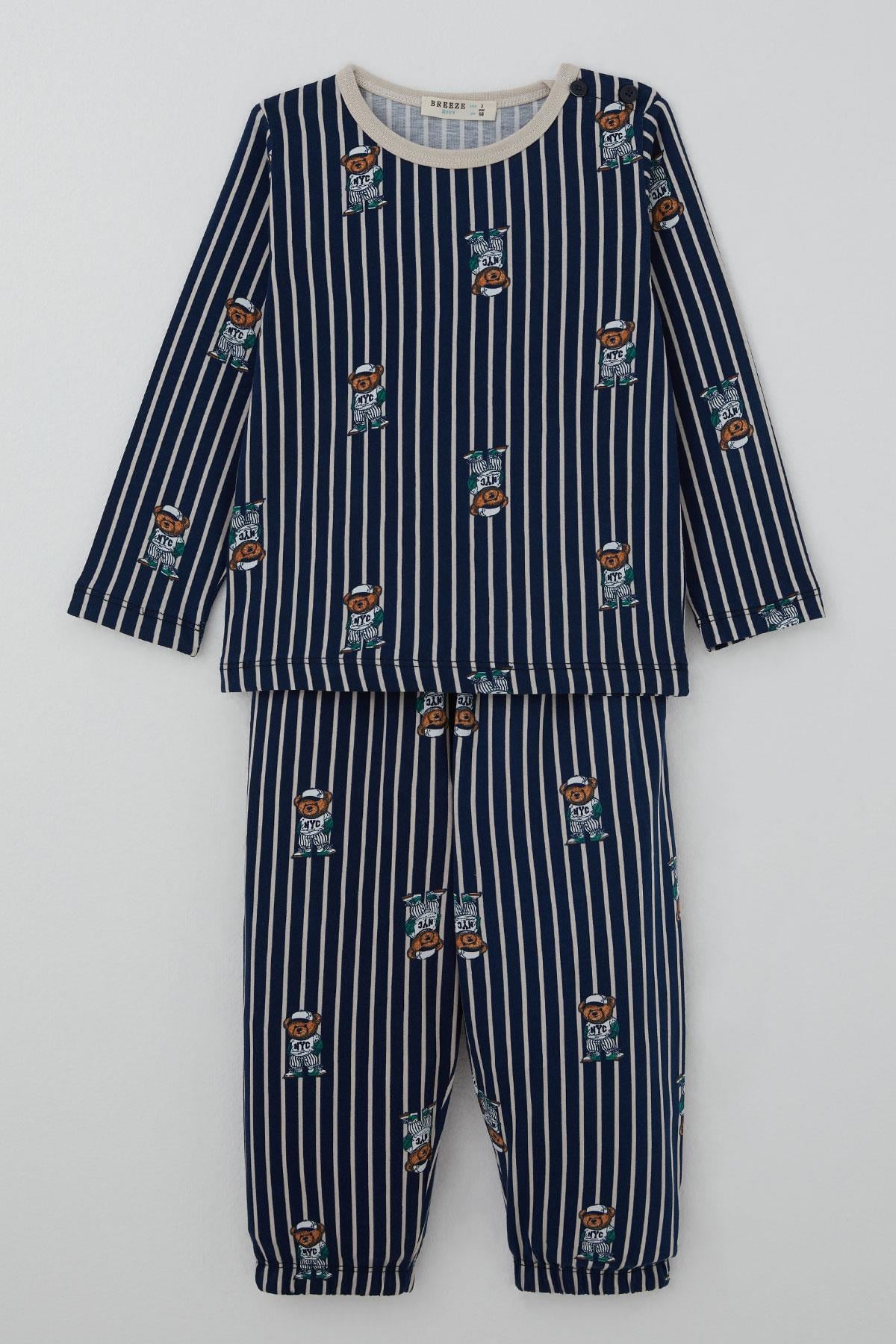 Breeze Erkek Bebek Pijama Takımı Sevimli Ayıcık Figürlü Lacivert (9 Ay-3 Yaş)