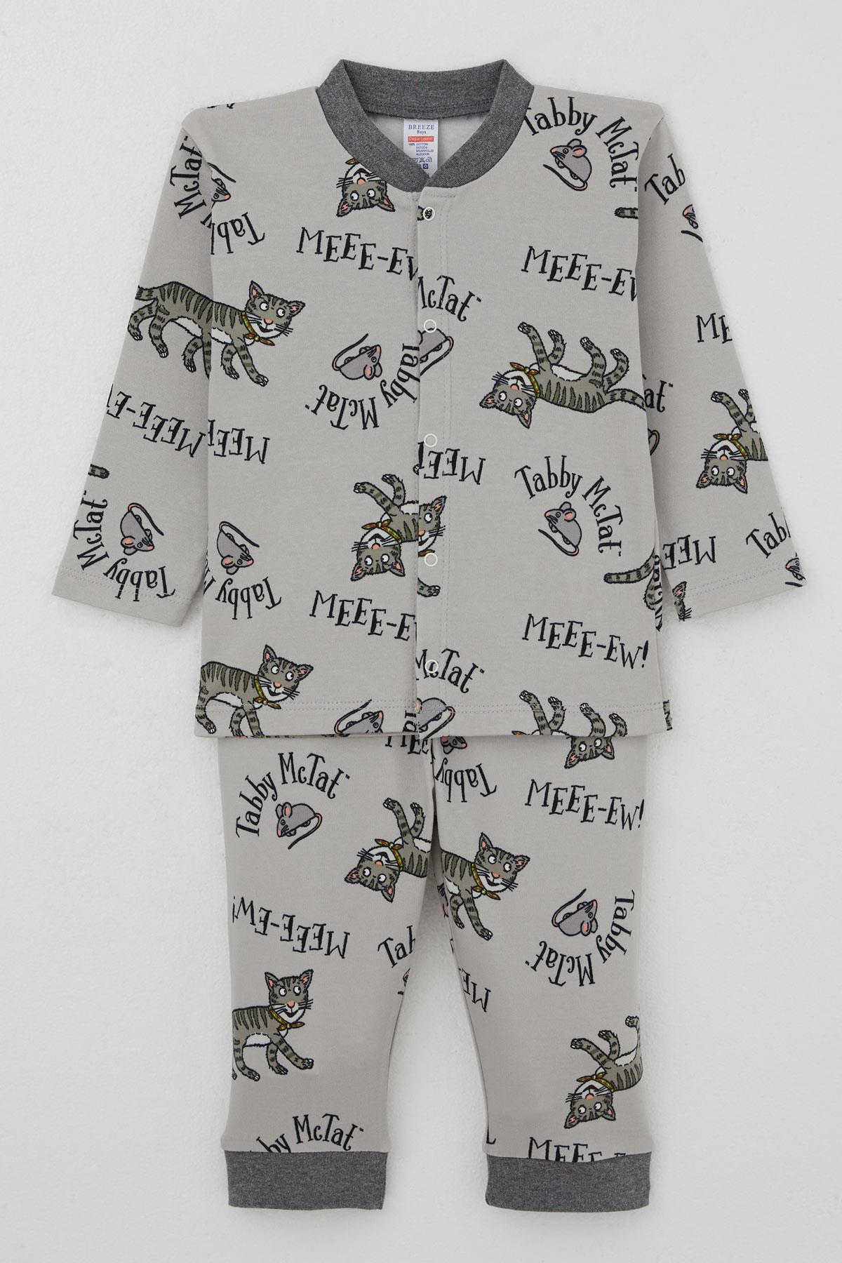 Breeze Erkek Bebek Pijama Takımı Sevimli Kedi Ve Farecik Desenli Gri (0 Ay-1 Yaş)