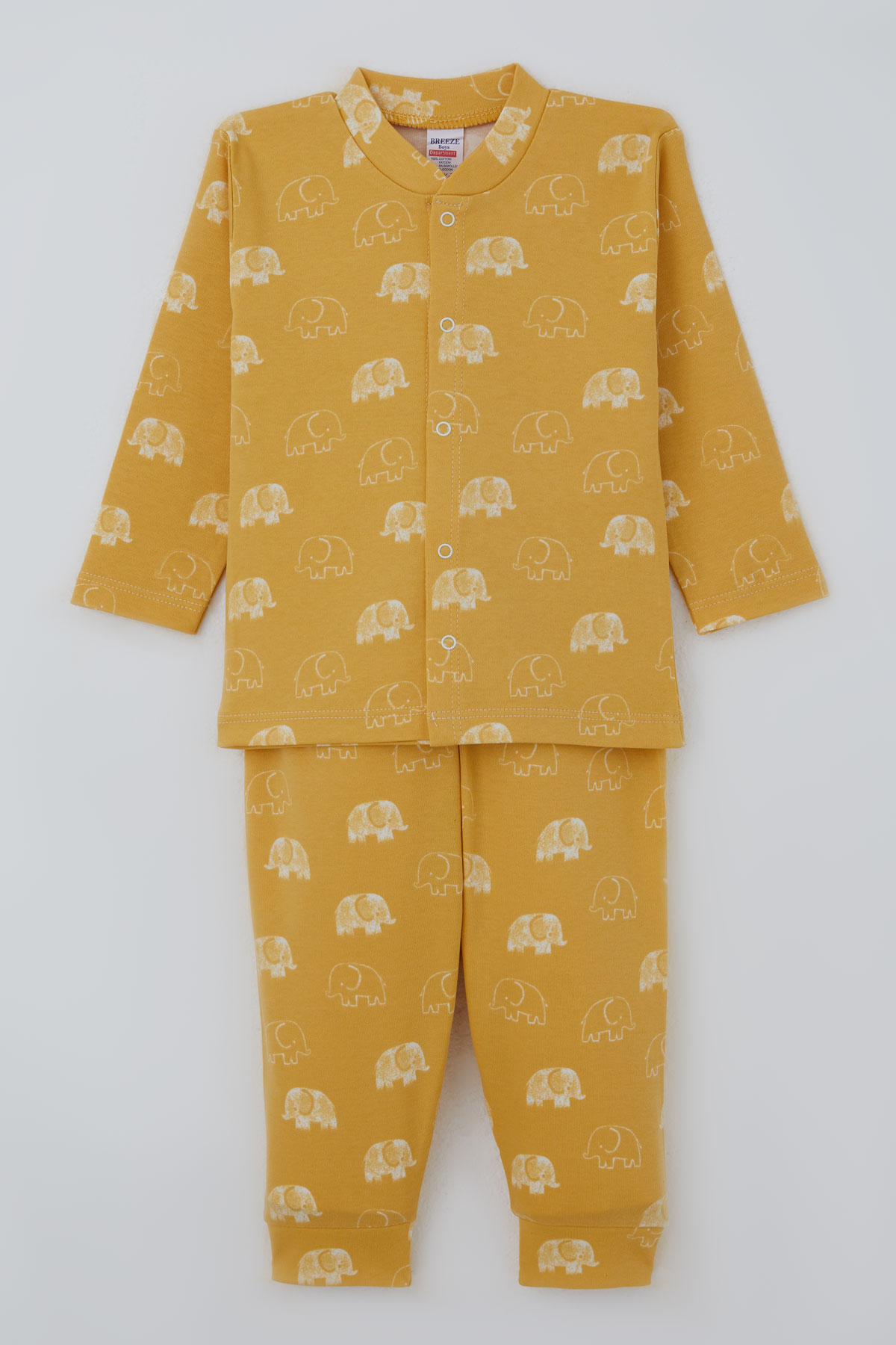 Breeze Erkek Bebek  Pijama Takımı Sevimli  Bebek Fil Desenli Önden Çıtçıtlı Hardal Sarı (4 Ay - 1 Yaş)