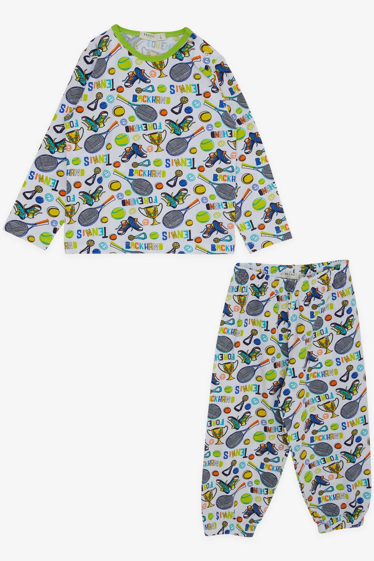 Breeze Erkek Bebek Pijama Takımı Spor Temalı Raket Desenli Beyaz (9 Ay-3 Yaş)