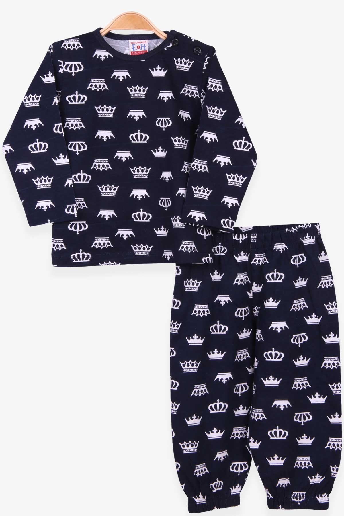 Breeze Erkek Bebek Pijama Takımı Taç Desenli Lacivert (9 Ay-3 Yaş)