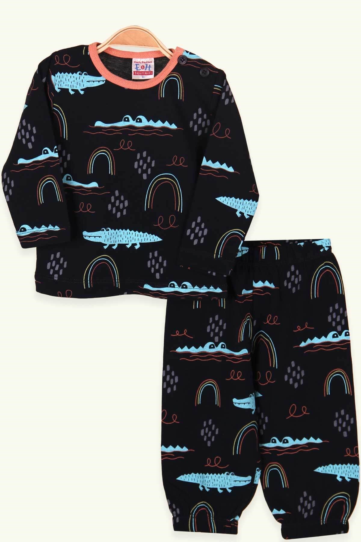 Breeze Erkek Bebek Pijama Takımı Timsah Baskılı Lacivert (9 Ay-3 Yaş)