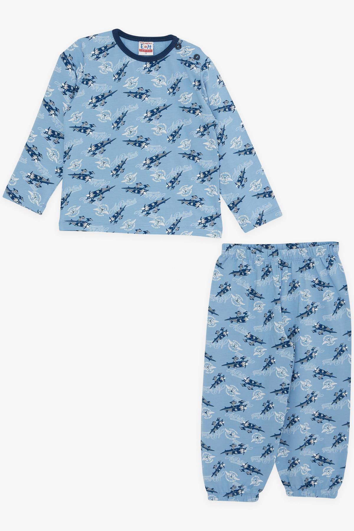 Erkek Bebek Pijama Takımı Uçak Desenli Mavi 9 Ay-2 Yaş - Yumuşak Kumaşlı  Çocuk Pijamaları | Breeze