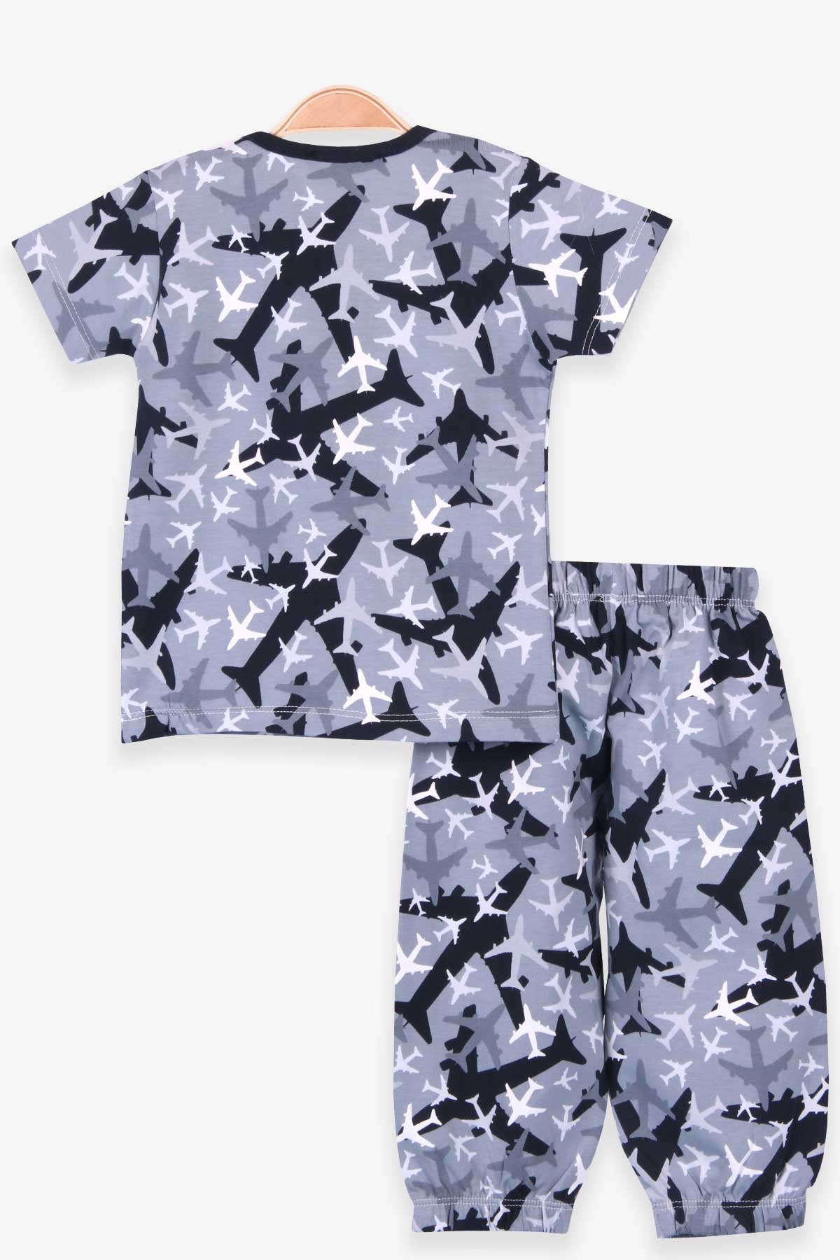 Erkek Bebek Pijama Takımı Uçak Desenli Gri 1 Yaş - Yumuşak Kumaş | Breeze