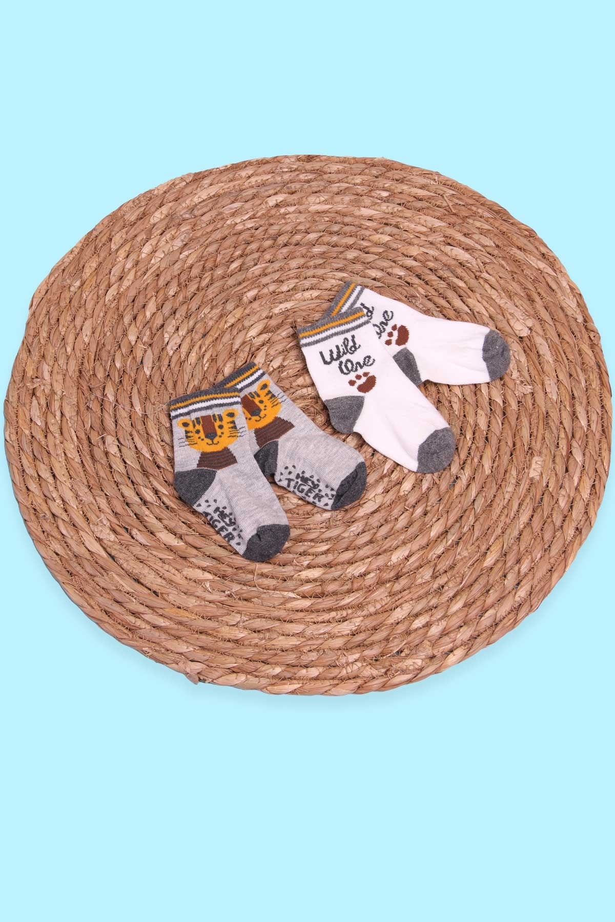 Breeze Erkek Bebek Soket Çorap 2 li Abs li Kaplan Desenli Karışık Renk (6 Ay-1Yaş)