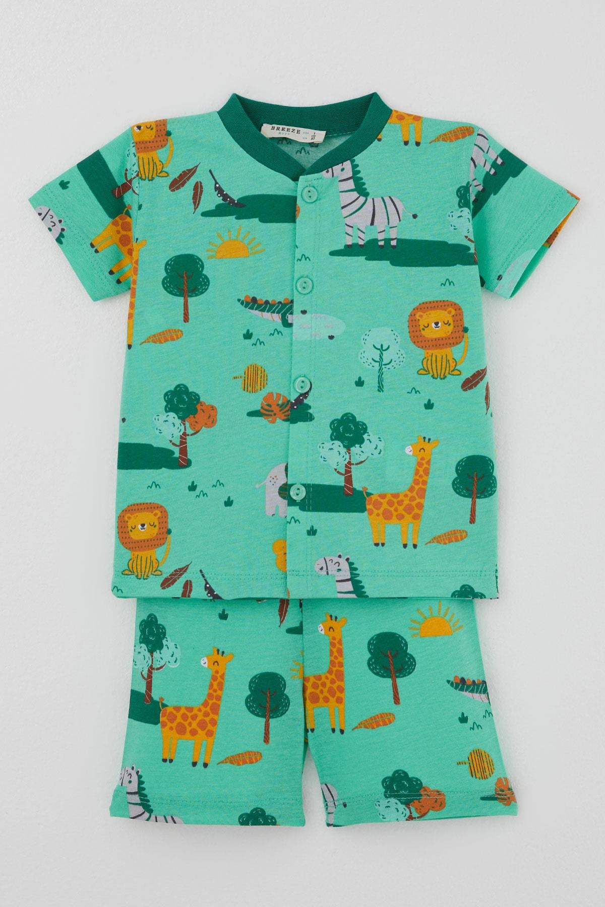 Breeze Erkek Bebek Şortlu Pijama Takımı Safari Temalı Sevimli Hayvancıklar Desenli Yeşil (4 Ay - 1 Yaş)