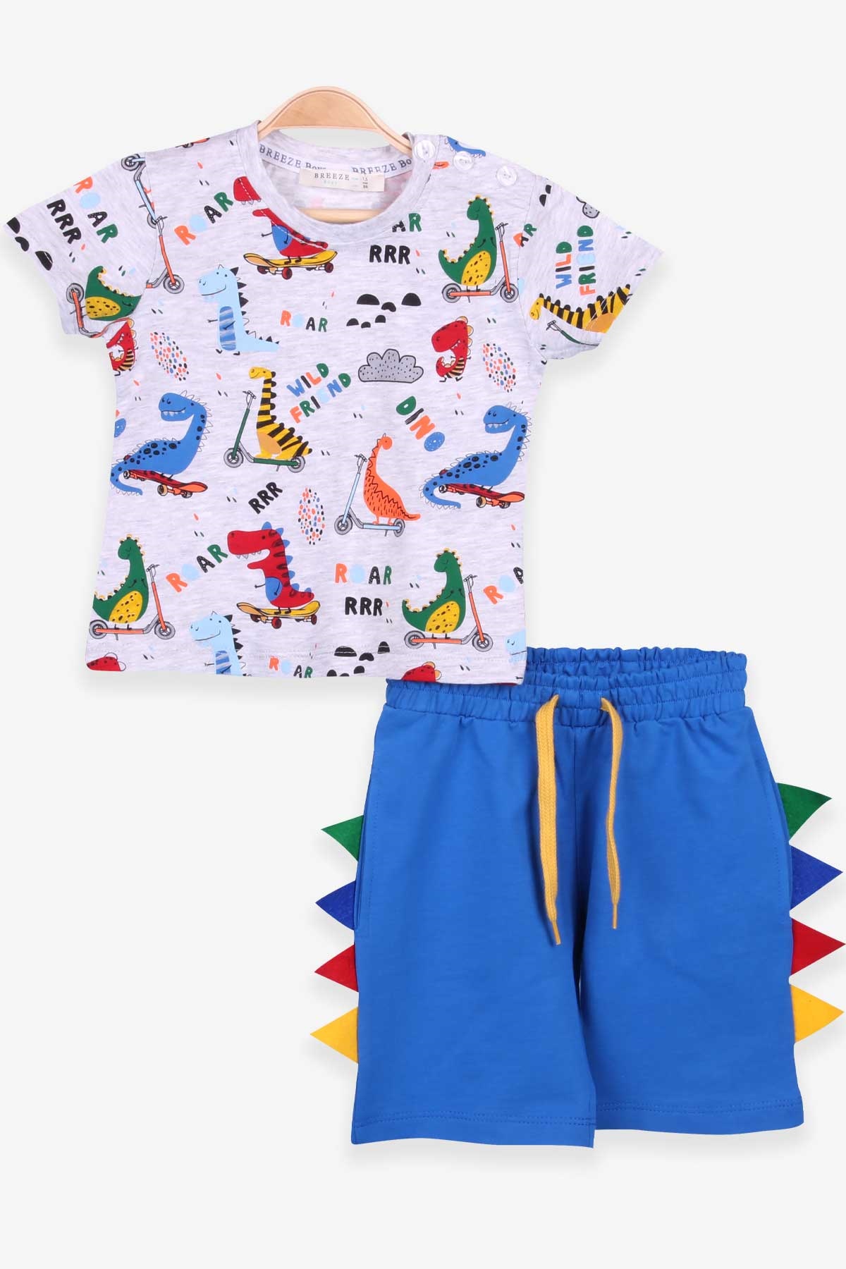 Breeze Erkek Bebek Şortlu Takım Dinozor Baskılı Gri Melanj (1.5-5 Yaş)