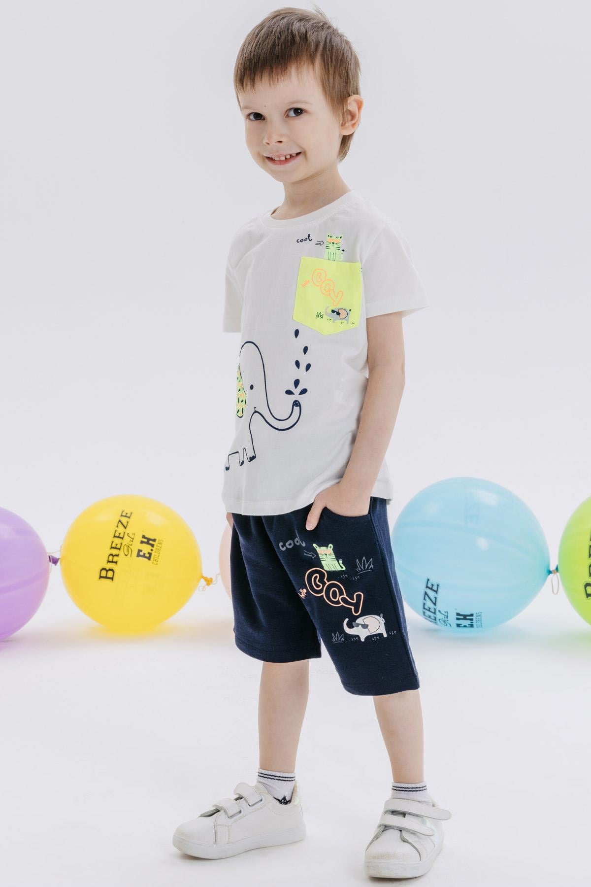 Breeze Erkek Bebek Şortlu Takım Fil Baskılı Ekru (1.5 Yaş)