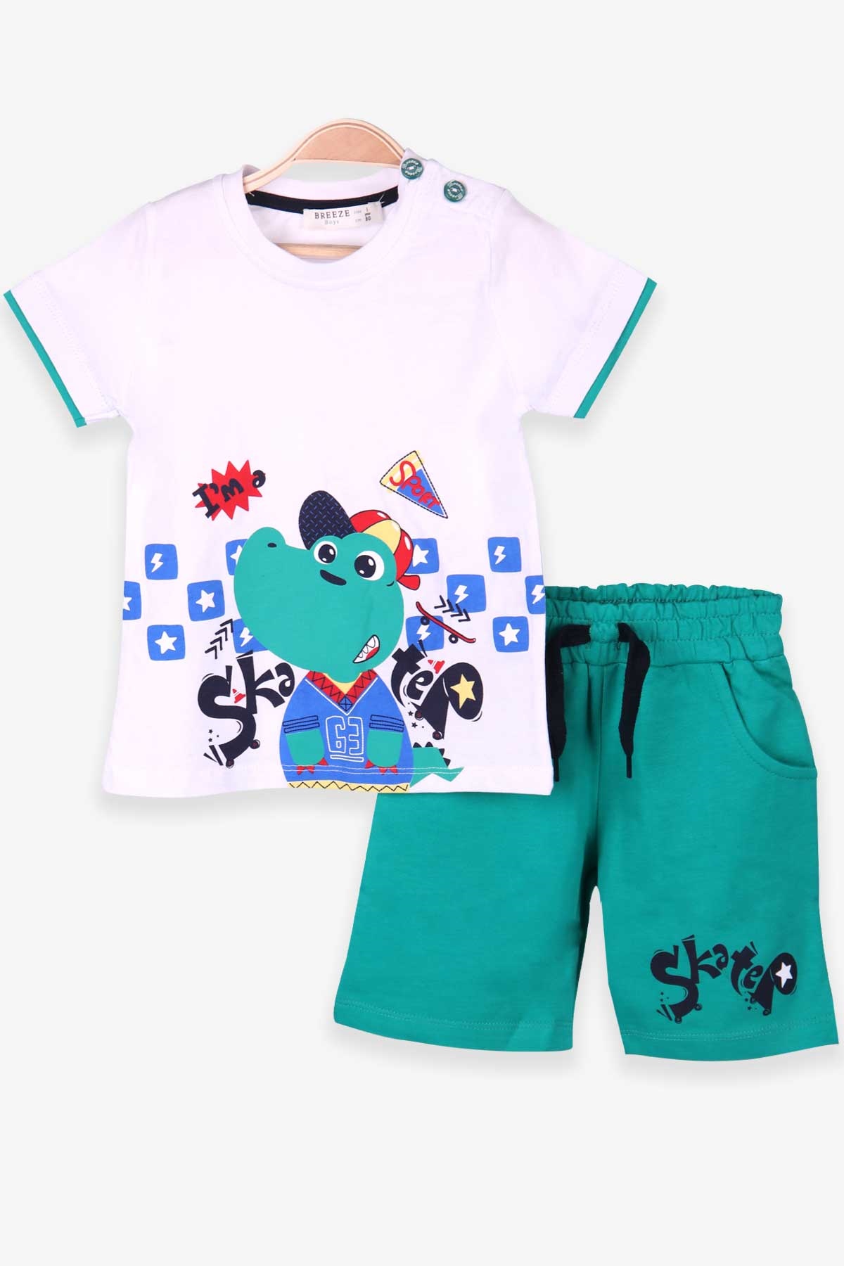 Breeze Erkek Bebek Şortlu Takım Kaykaycı Dinozor Baskılı Beyaz (9 Ay-3 Yaş)
