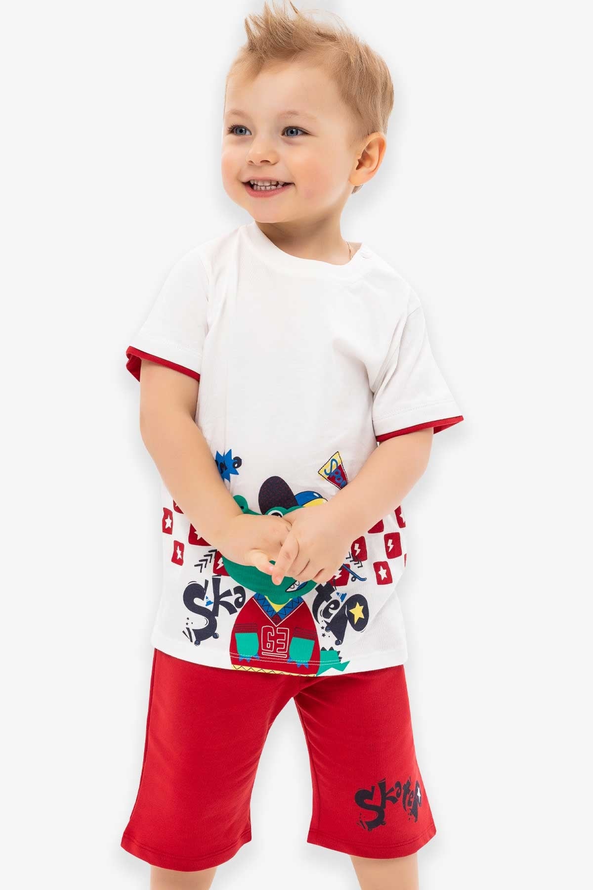 Breeze Erkek Bebek Şortlu Takım Kaykaycı Dinozor Baskılı Ekru (9 Ay-3 Yaş)