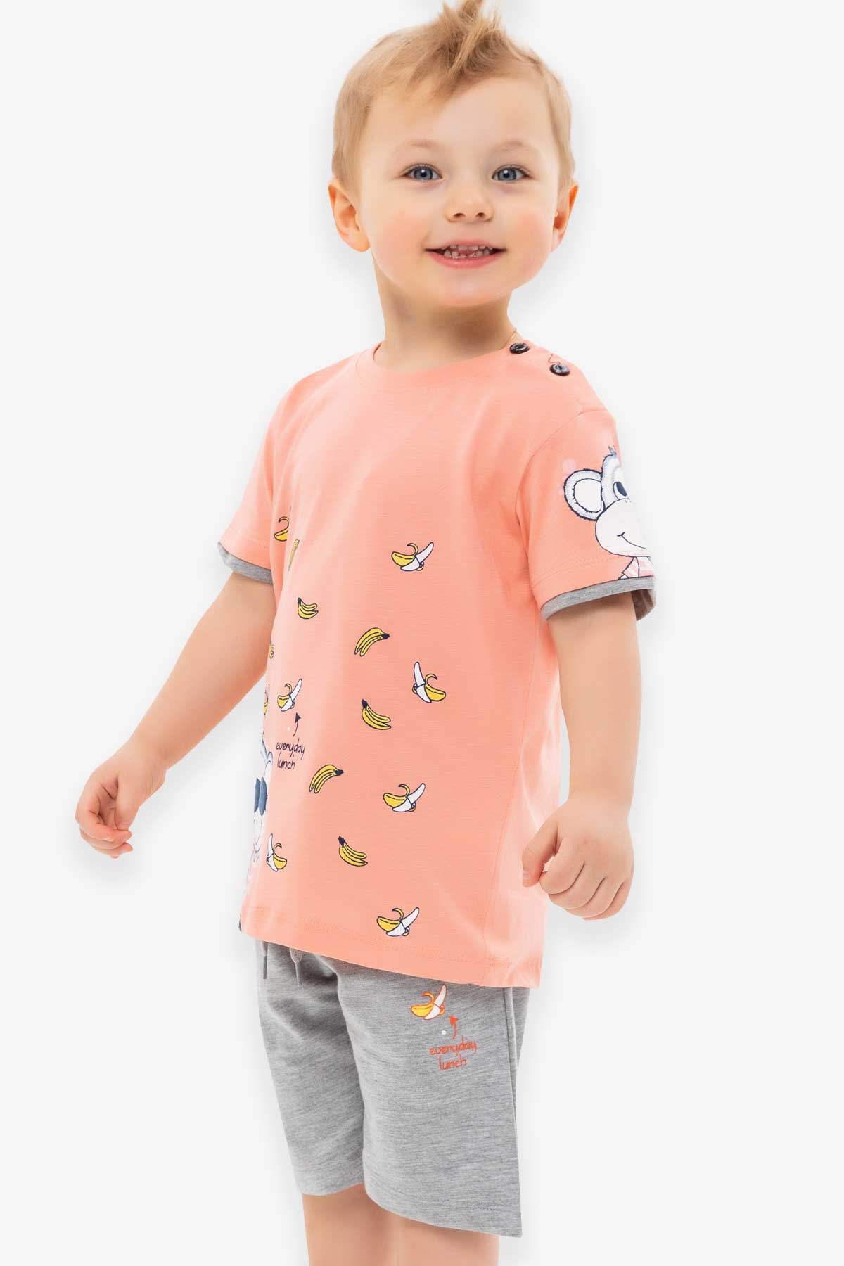 Breeze Erkek Bebek Şortlu Takım Sevimli Maymunlu Somon (9 Ay-3 Yaş)