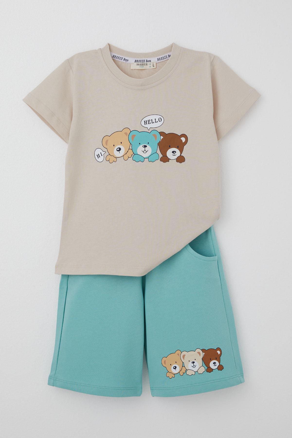 Breeze Erkek Bebek Şortlu Takım Sevimli Dostlar Baskılı Bej (9 Ay-3 Yaş)