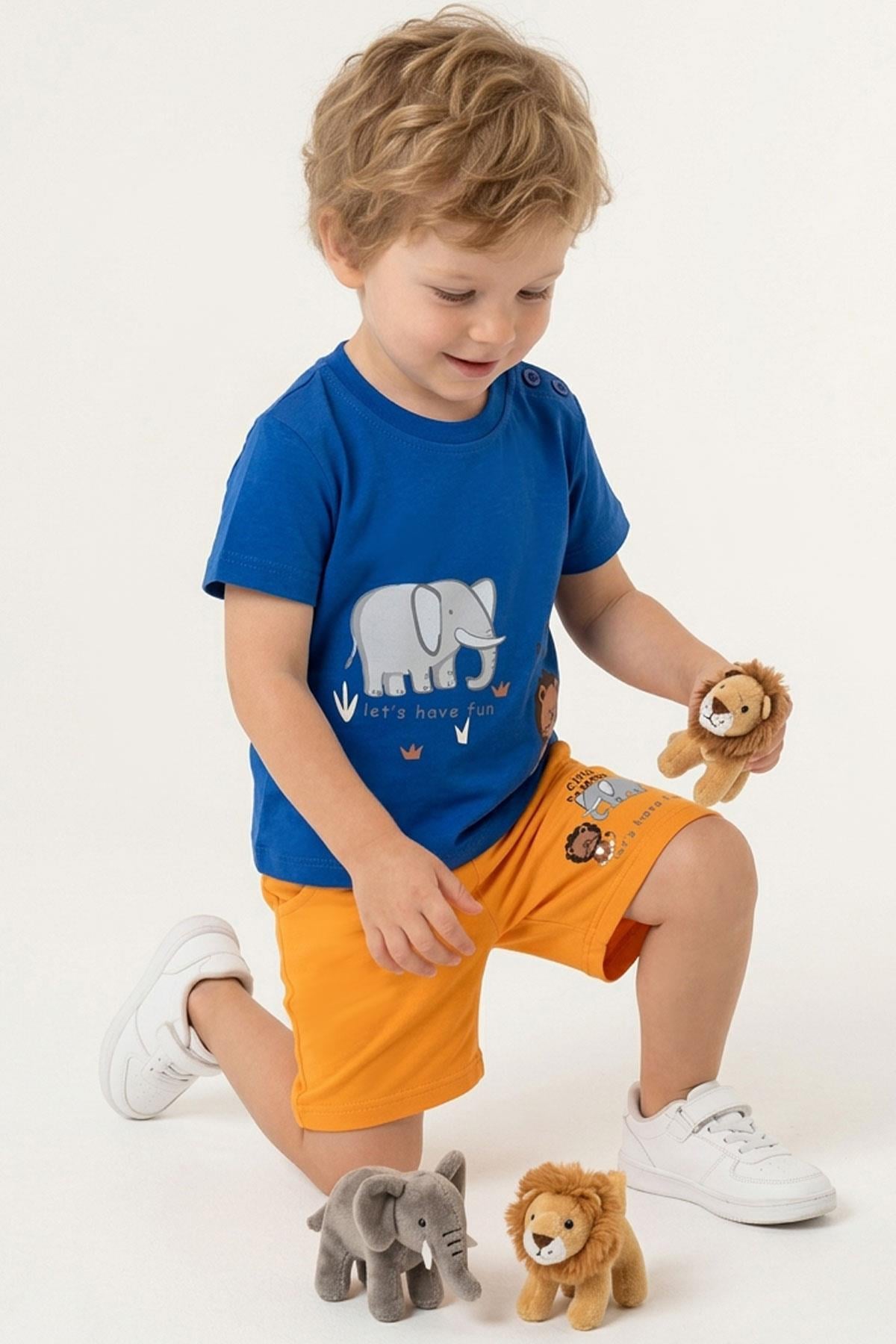 Breeze Erkek Bebek Şortlu Takım Sevimli Hayvancık Arkadaşlar Saks Mavisi (9 Ay-3 Yaş)