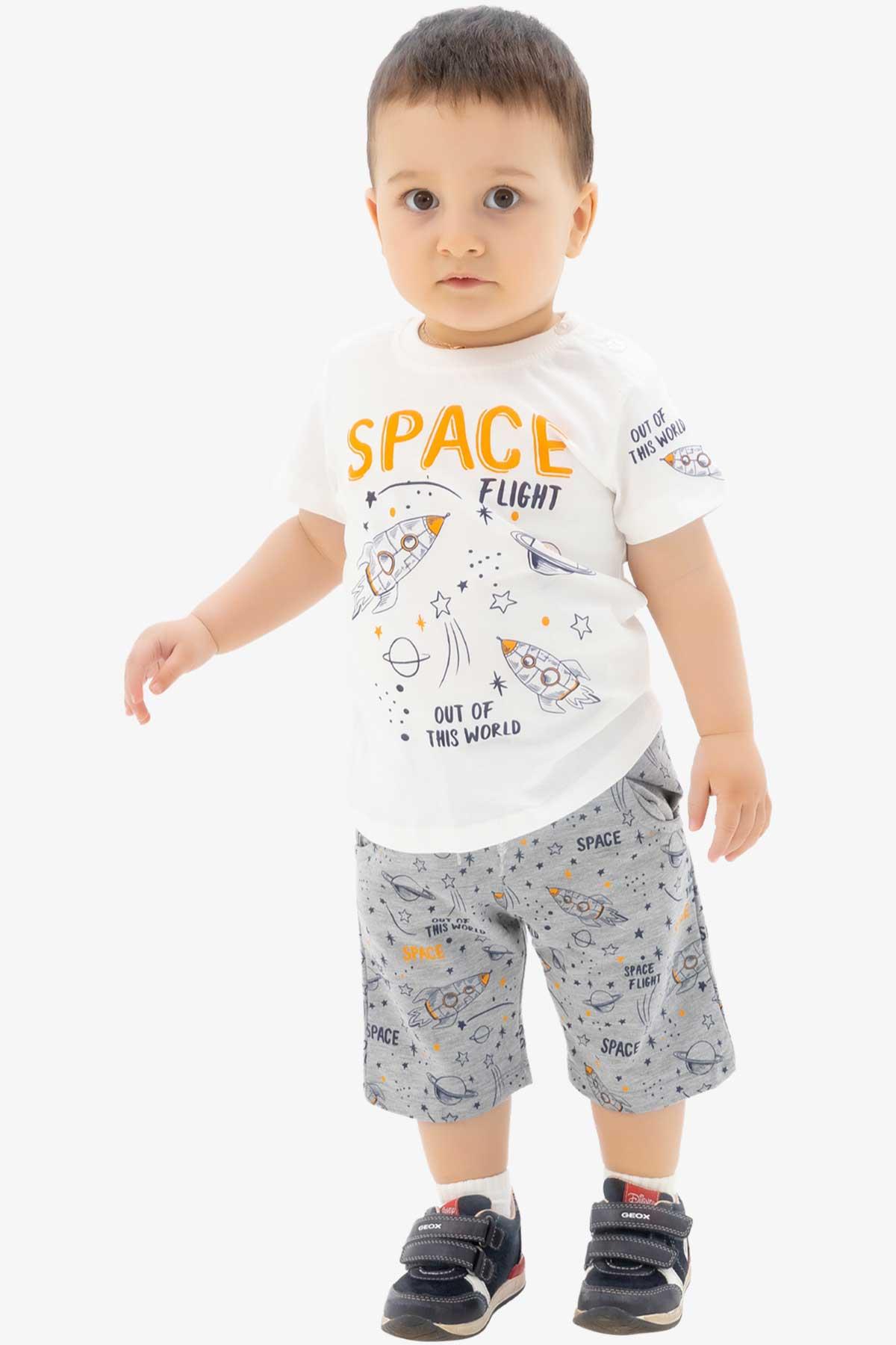 Breeze Erkek Bebek Şortlu Takım Uzay Temalı Ekru (1 Yaş)