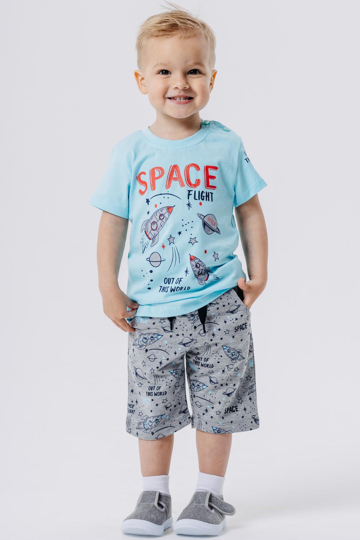 Breeze Erkek Bebek Şortlu Takım Uzay Temalı Açık Mavi (1 Yaş)