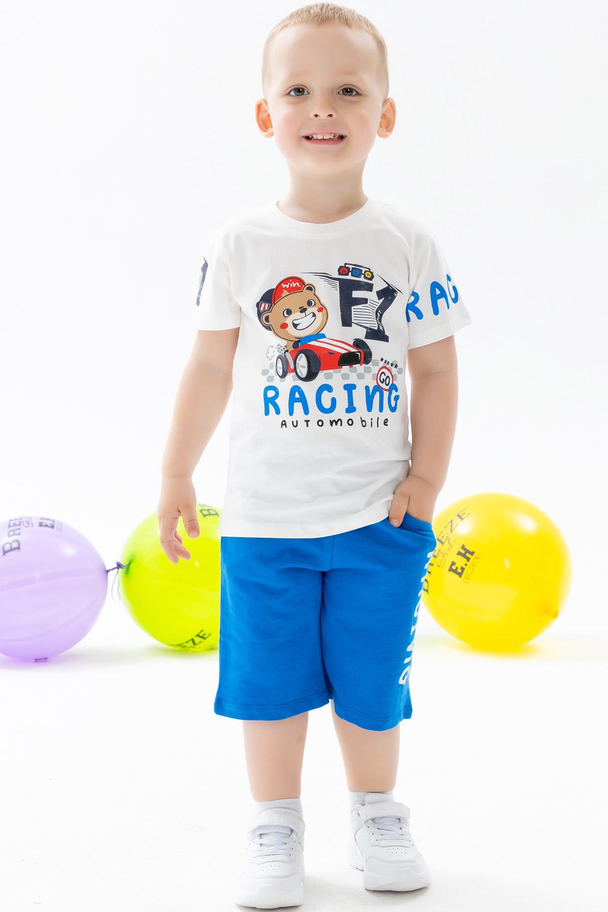 Breeze Erkek Bebek Şortlu Takım Yarışçı Ayı Baskılı Beyaz (1 Yaş)