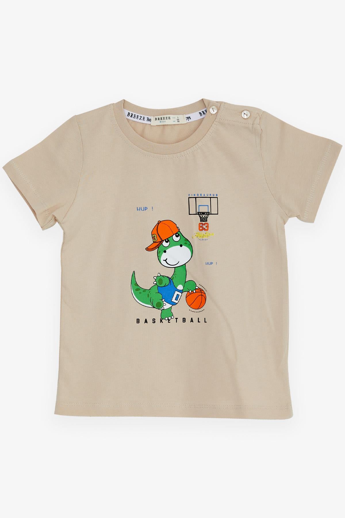Breeze Erkek Bebek Tişört Basketçi Dinozor Baskılı Bej (9 Ay-3 Yaş)