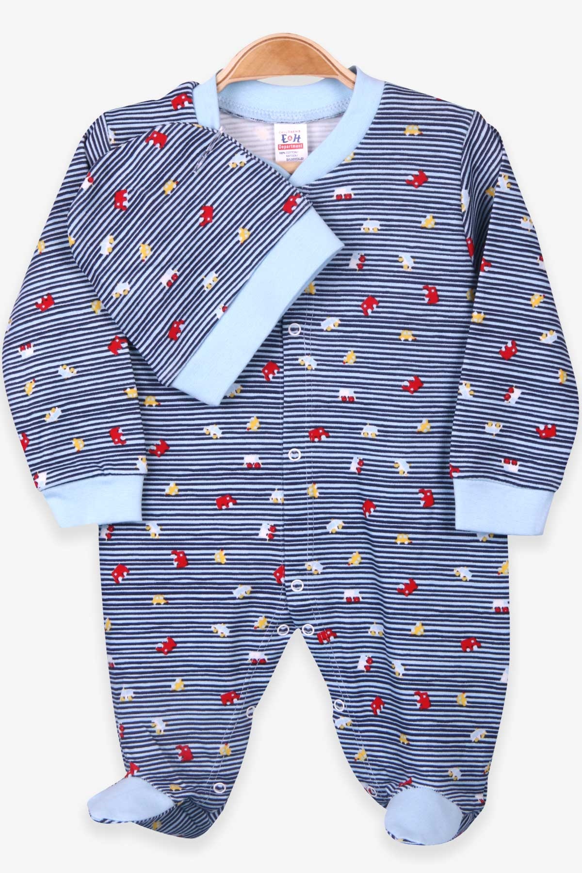Breeze Erkek Bebek Tulum Araba Baskılı Şapkalı Set Bebe Mavisi (0-3-6 Ay)
