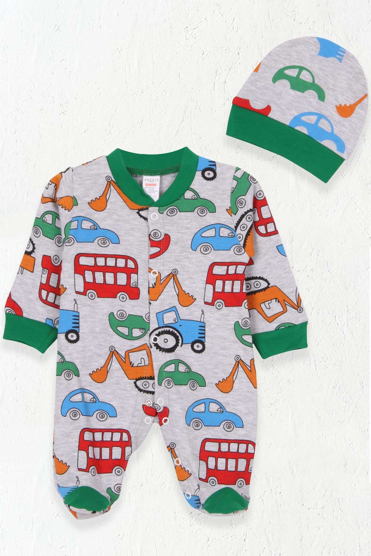 Breeze Erkek Bebek Tulum Araba Desenli Açık Gri Melanj (0-3 Ay-6 Ay)