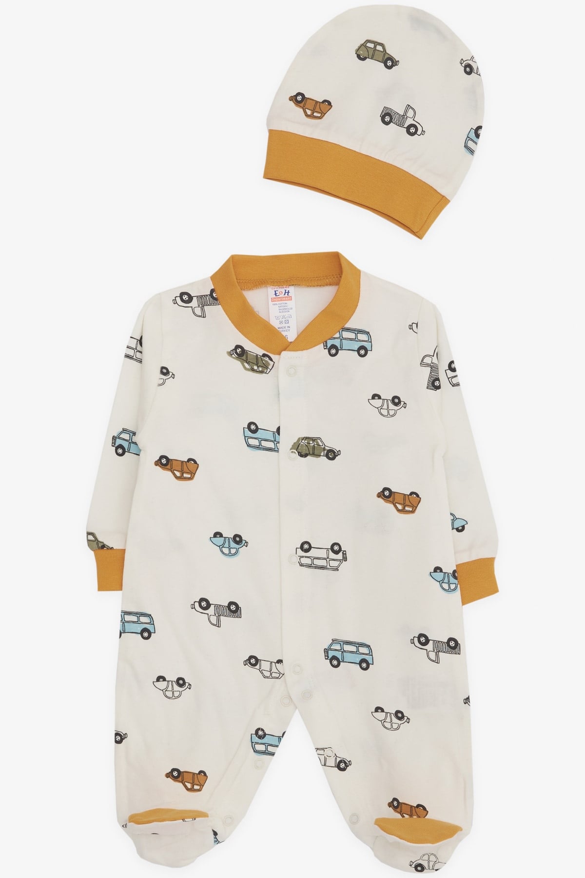 Breeze Erkek Bebek Tulum Araba Desenli Ekru (0-3 Ay-6 Ay)