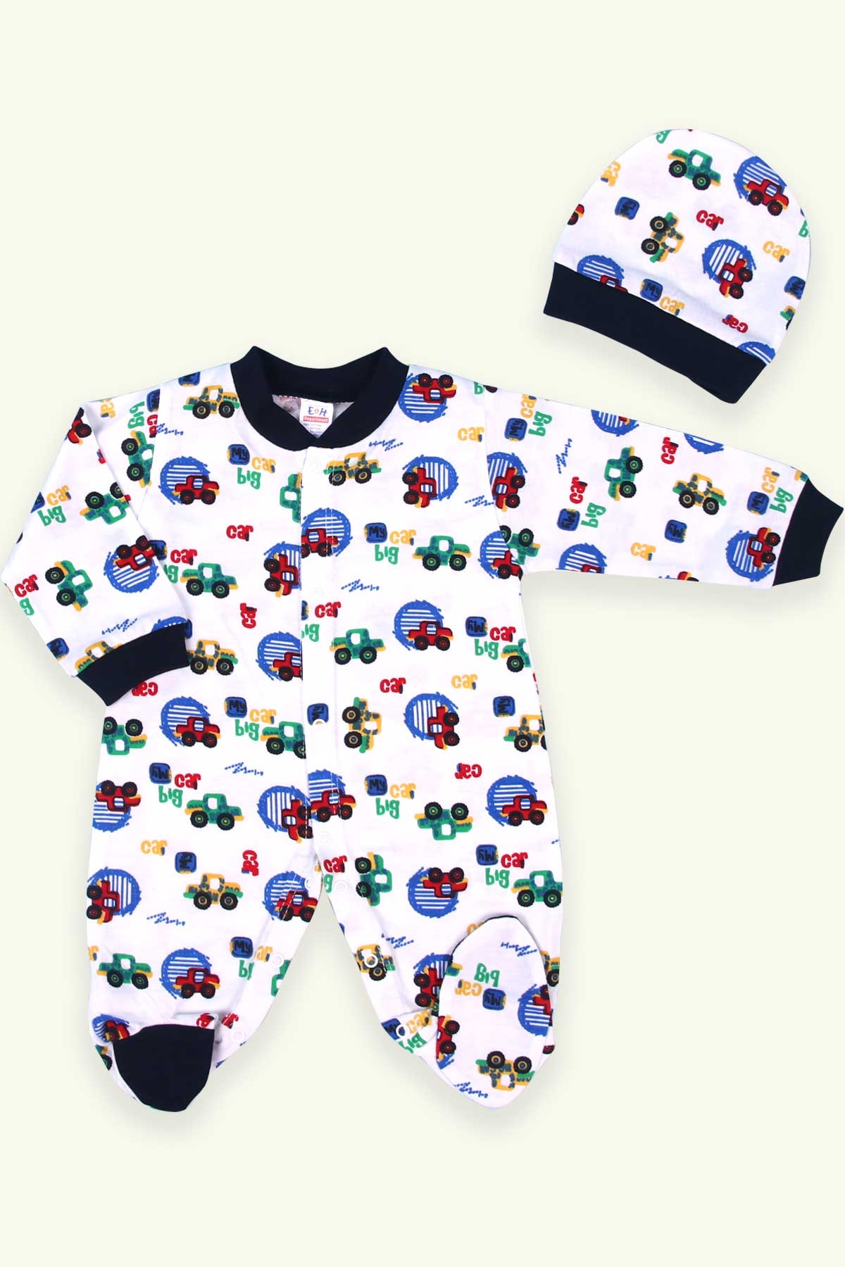 Breeze Erkek Bebek Tulum Araba Desenli Şapkalı Set Beyaz (0-3 Ay-4 Ay)