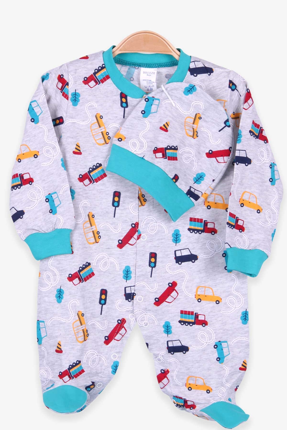 Breeze Erkek Bebek Tulum Arabalı Şapkalı Set Açık Gri Melanj (0-3 Ay-4 Ay)