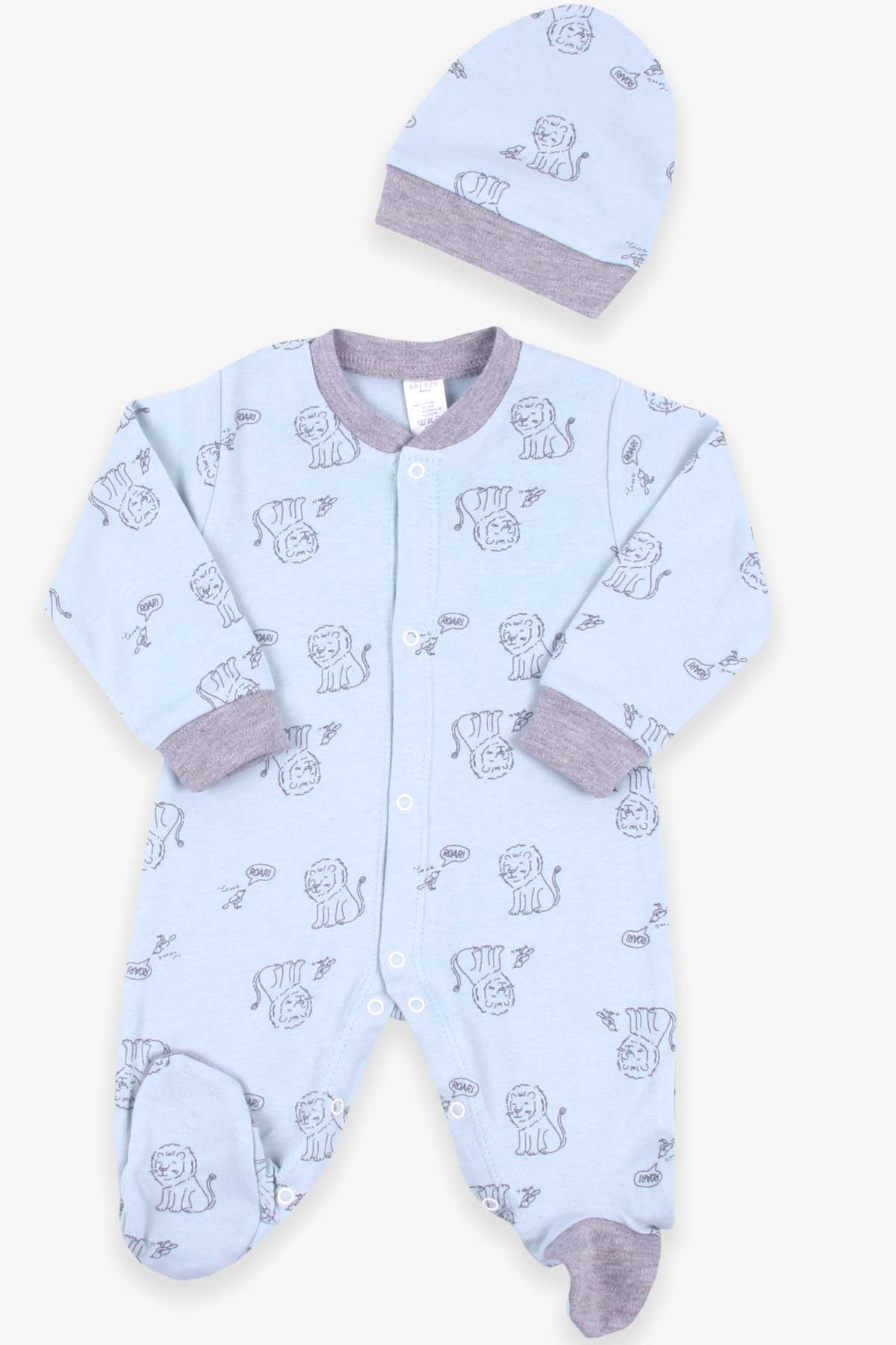 Breeze Erkek Bebek Tulum Aslan Desenli Şapkalı Set Su Yeşili (0-3-6 Ay)