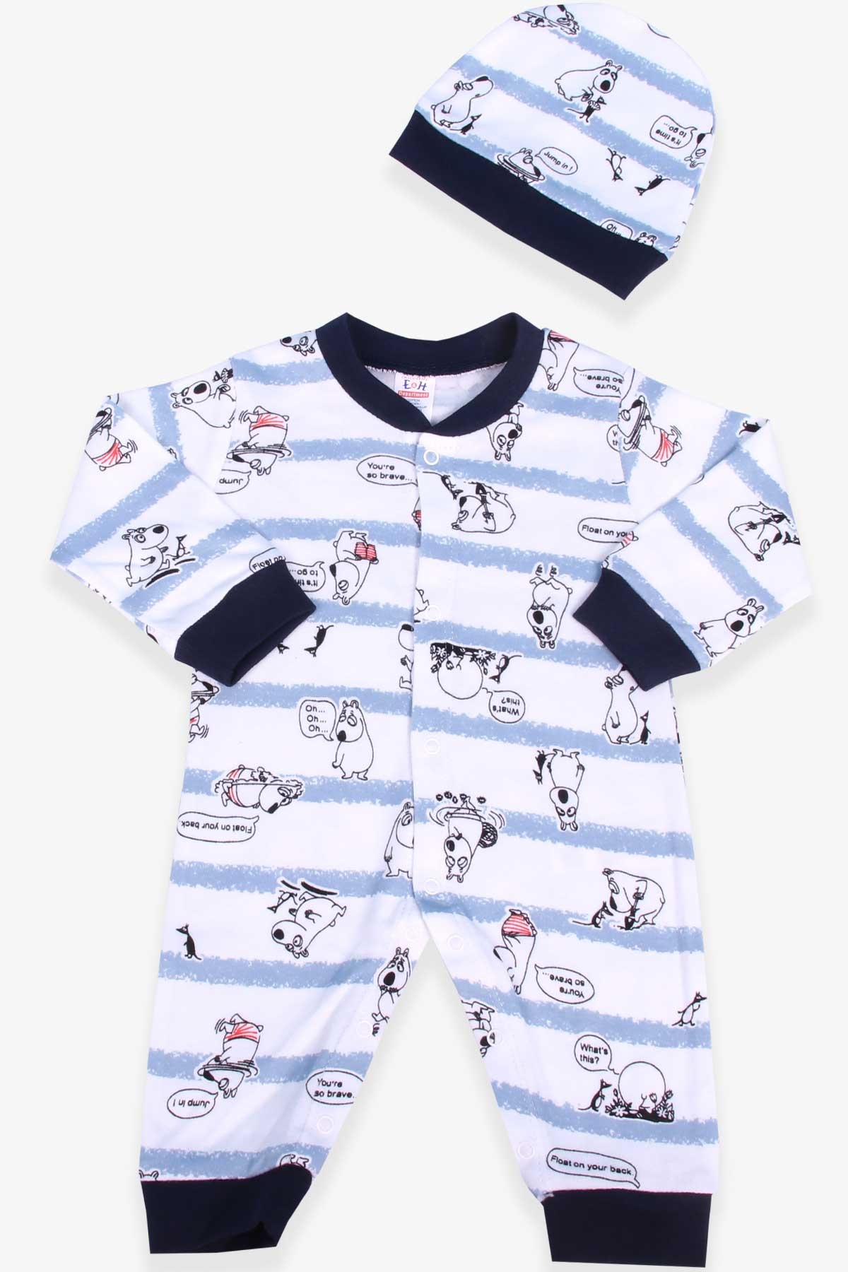 Breeze Erkek Bebek Tulum Ayı Desenli Şapkalı Set Beyaz (0-3 Ay-6 Ay)