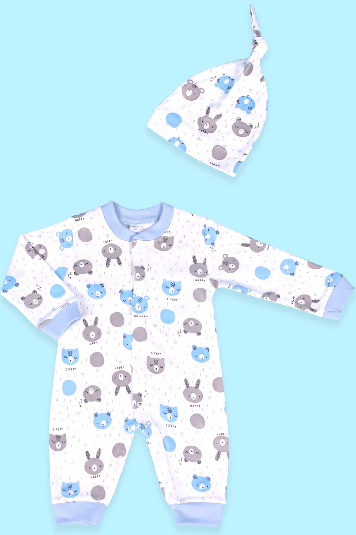 Breeze Erkek Bebek Tulum Ayıcık Desenli Şapkalı Set Bebe Mavisi (0-3 Ay-4 Ay)