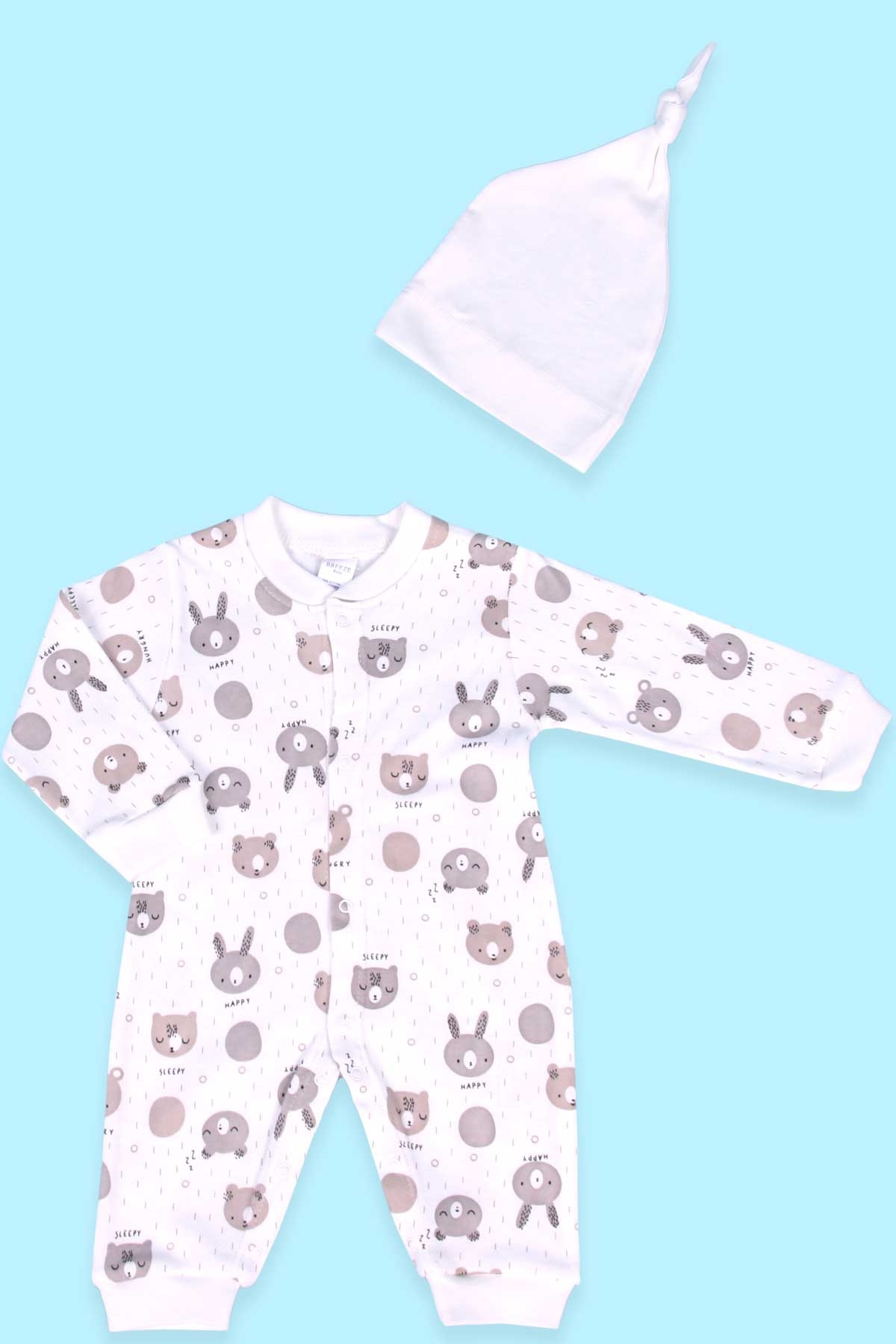 Breeze Erkek Bebek Tulum Ayıcık Desenli Şapkalı Set Ekru (0-3 Ay-4 Ay)