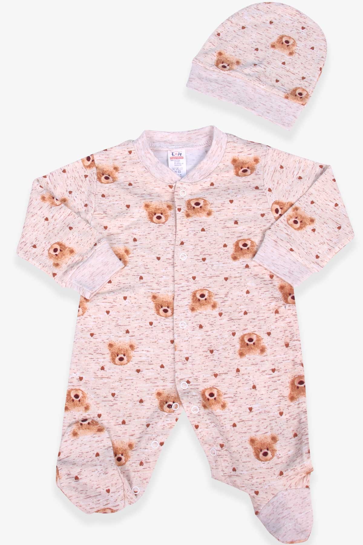 Breeze Erkek Bebek Tulum Ayıcıklı Şapkalı Set Açık Kahverengi (0-3 Ay-6 Ay)