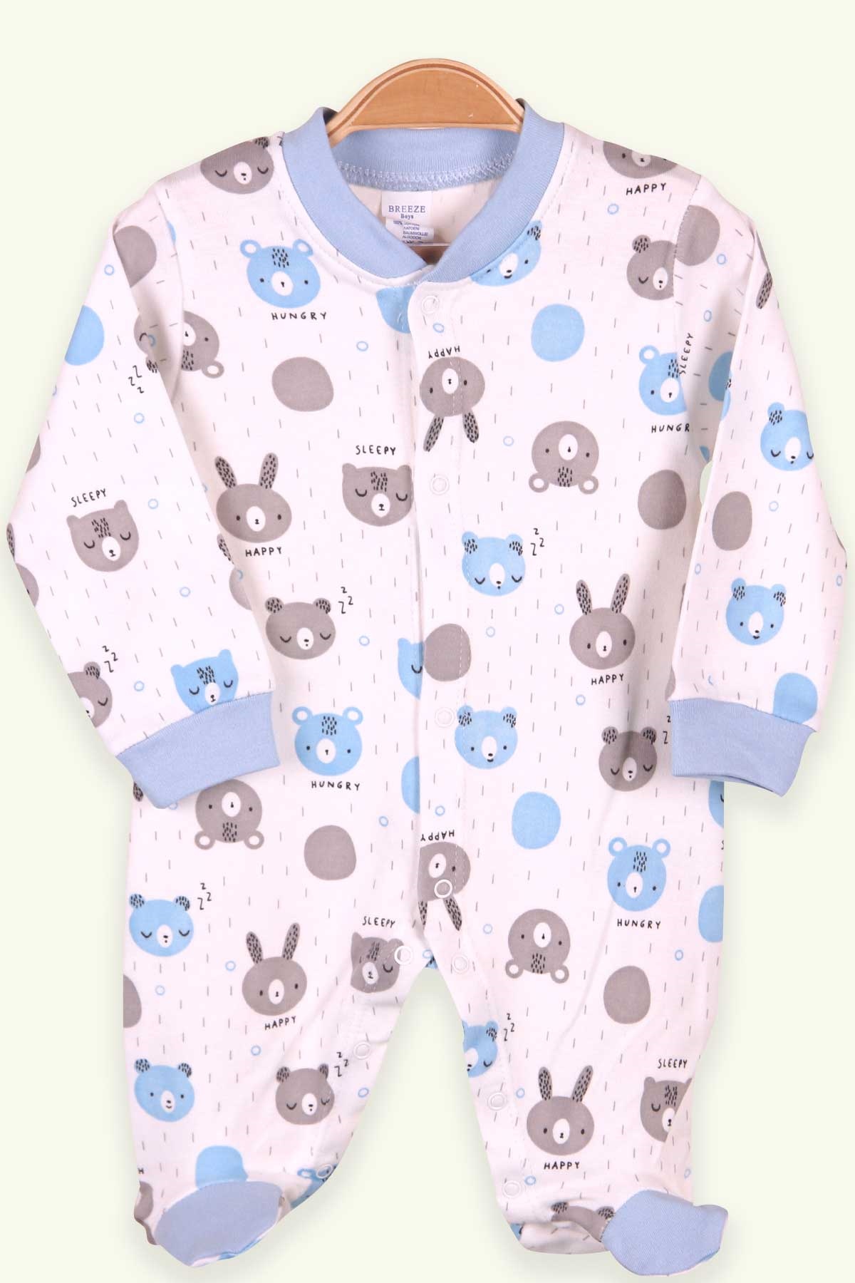 Breeze Erkek Bebek Tulum Ayıcıklı Tavşanlı Bebe Mavisi (0-3 Ay-4 Ay)